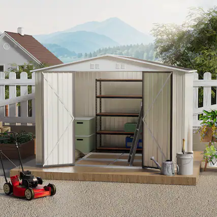 Front. TinyHomie - 10 x 8 FT White Color Outdoor Garden Shed Aluminum alloy frame With Hinge Door and foundation.