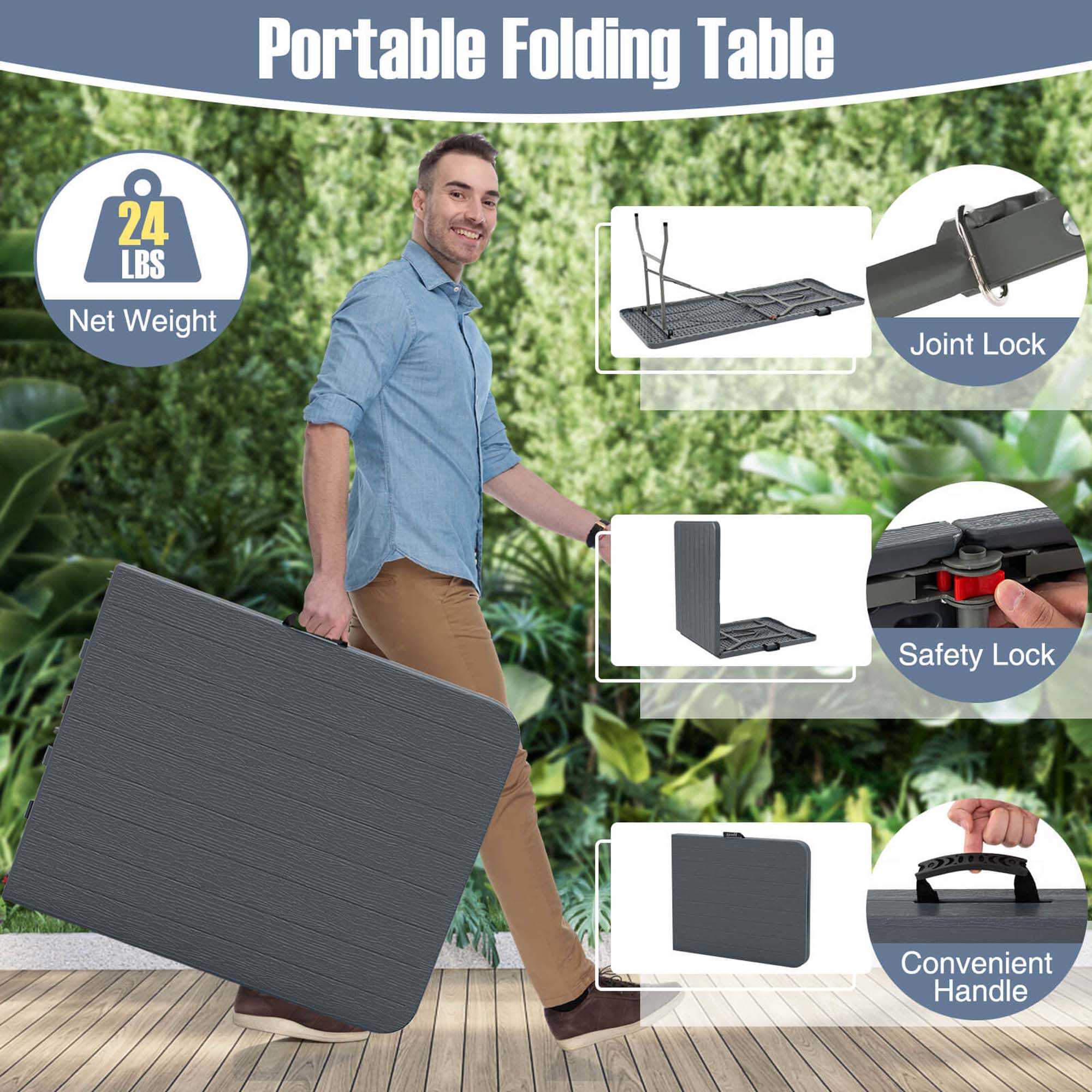 Portable Folding Table, 24 LBS Net Weight, Joint Lock, Safety Lock, Convenient Handle