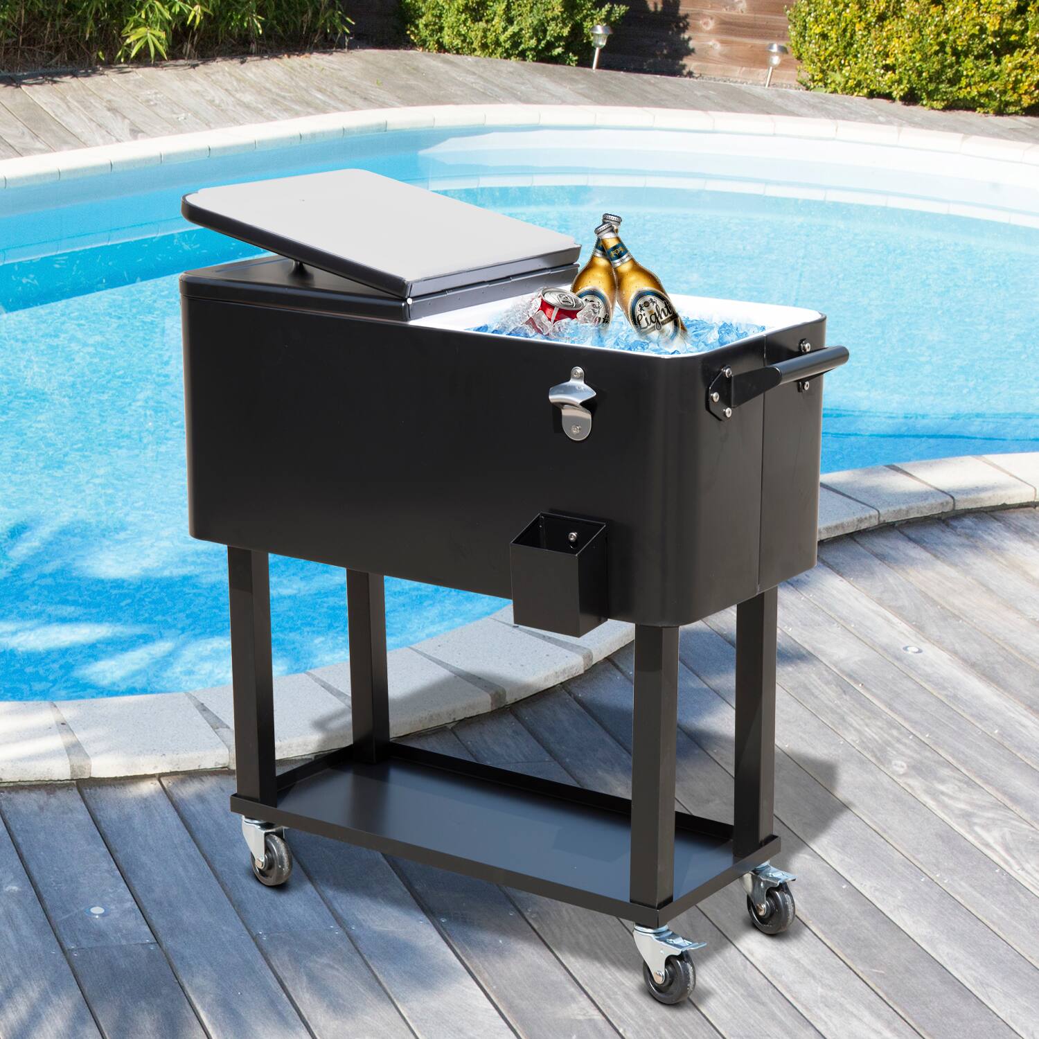 Alt View 7. Siljoy - Outsunny 80 QT Rolling Cooling Bins Ice Chest on Wheels Outdoor Stand Up Drink Cooler Cart for Party, Black - Black.