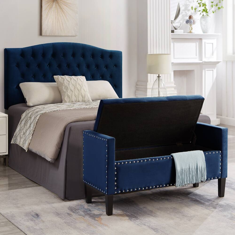 Alt View 4. Ropilly - Ropilly Upholstered Tufted Storage Bench with Armrests, Navy Velvet Entryway Bed Bench with Nailhead Trim, 48 Inch - Navy.