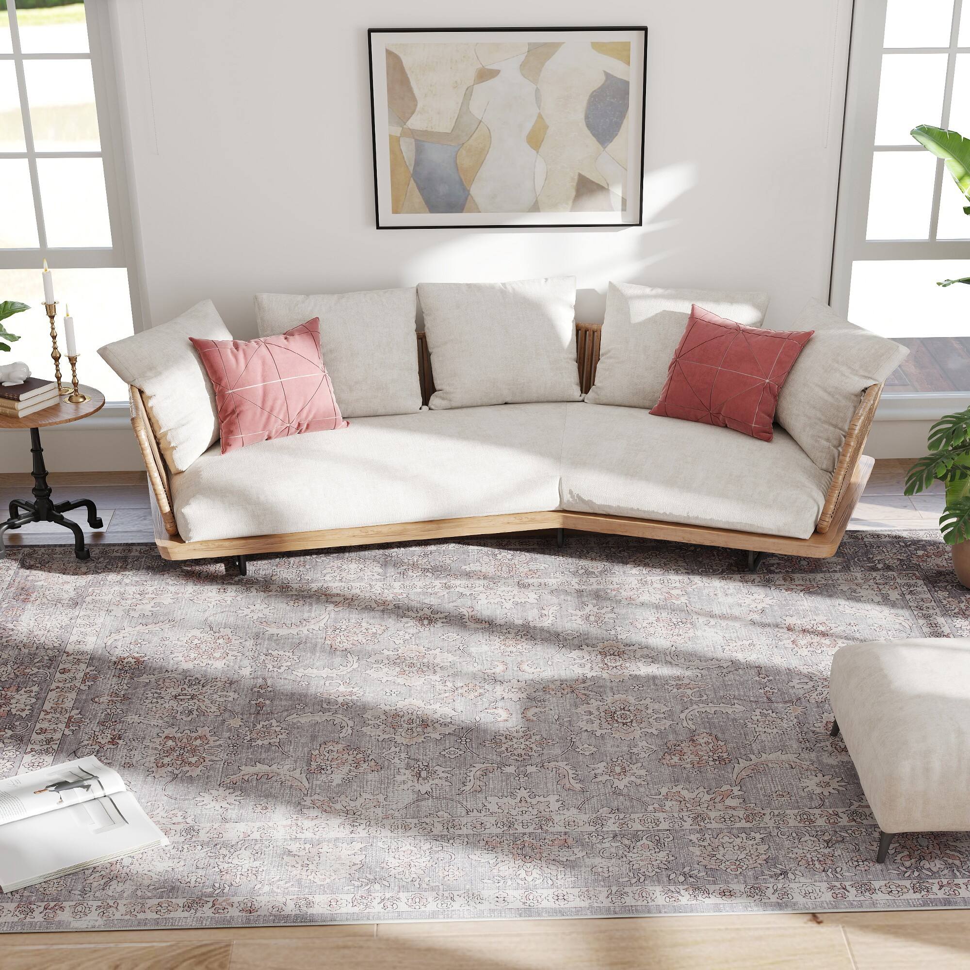 Alt View 7. Homcom - Area Rug 8x10, Machine Washable Non-Slip Traditional Flower Print Floor Cover - Grey.