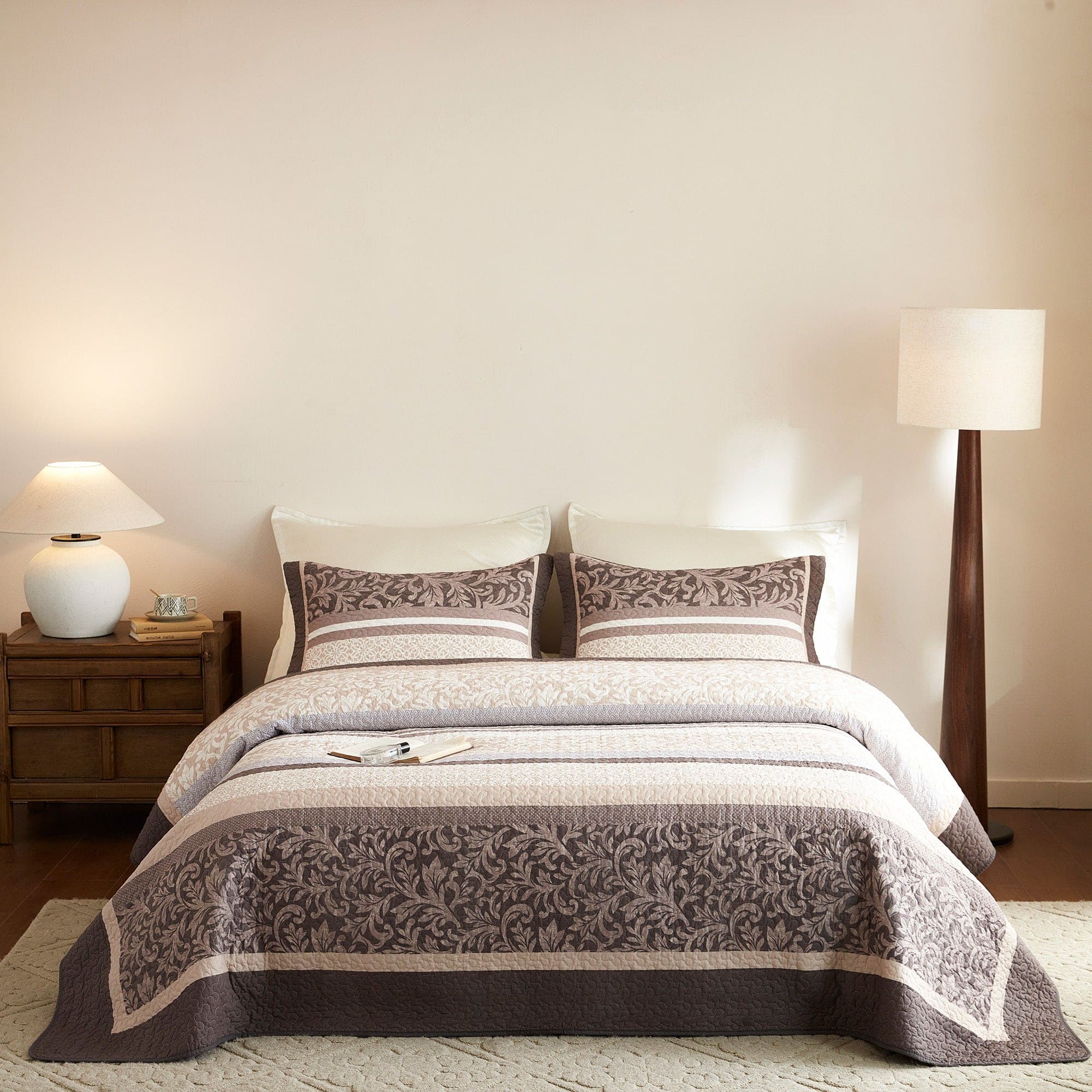MarCielo - 3 Piece Traditional Floral Cotton Quilt Bedspread Set - Neutral Color