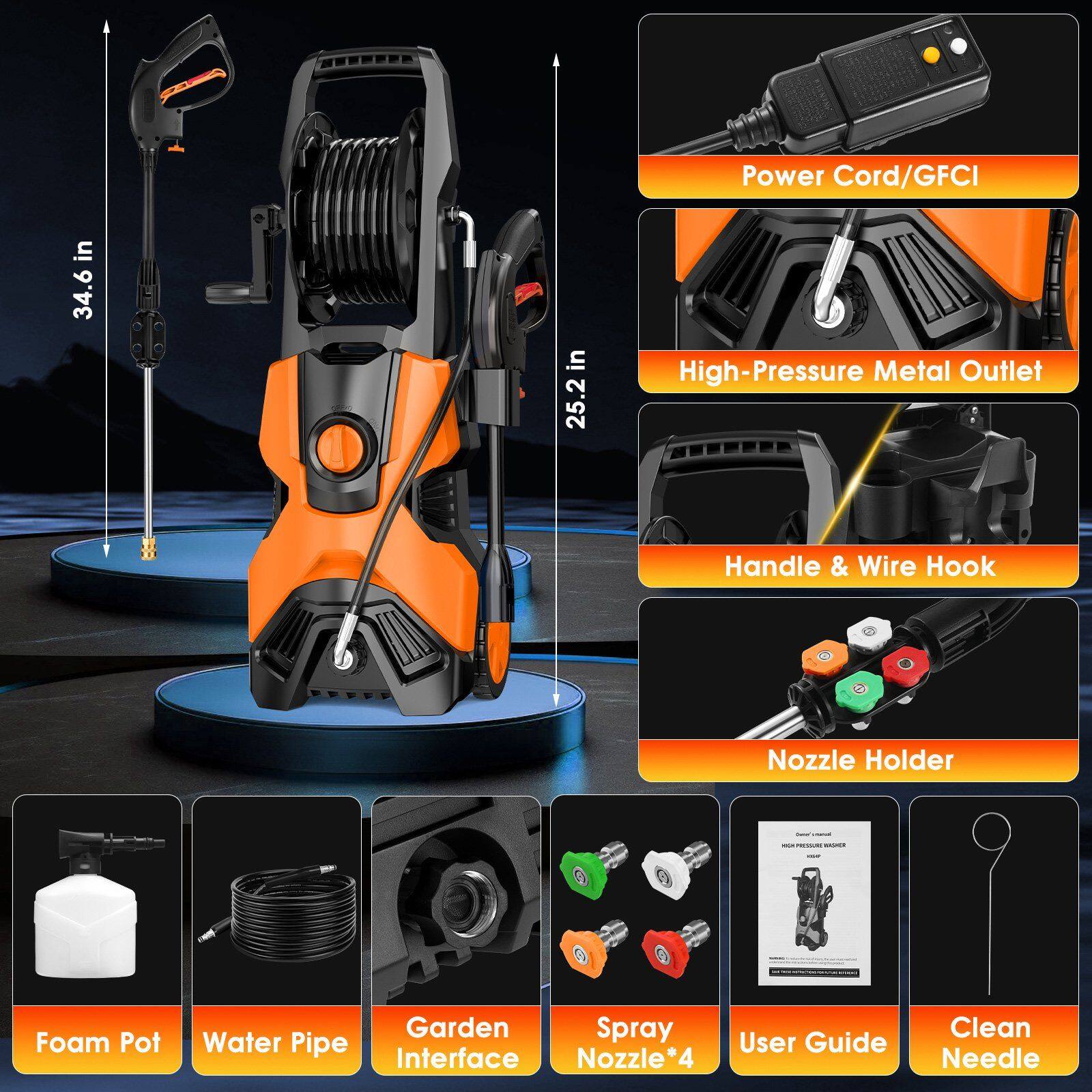 Power Cord/GFCI, High-Pressure Metal Outlet, Handle & Wire Hook, Nozzle Holder, Foam Pot, Water Pipe, Garden Interface, Spray Nozzle*4, User Guide, Clean Needle