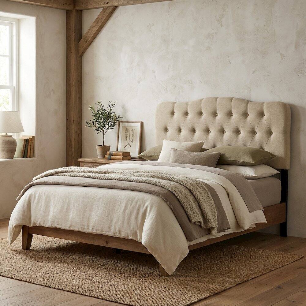 Angle. FurniFact - Upholstered Queen Fabric Headboard with Soft Padding and Durable Frame - Beige.