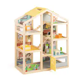 SlickBlue - Wooden Dollhouse for Kids Modern Family Playhouse with Furniture and Figures - Natural