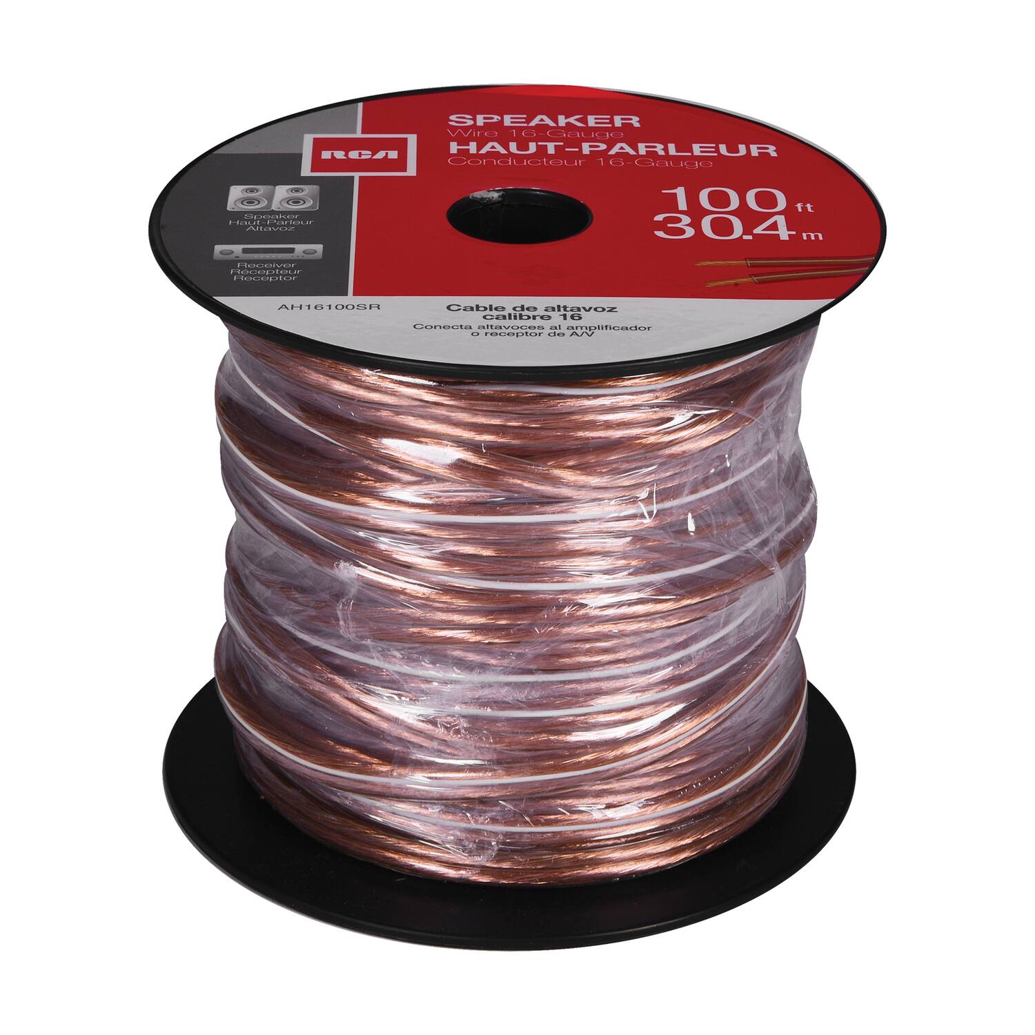 SPEAKER Wire 16-Gauge  
HAUT-PARLEUR Conducteur 16  
100 ft  
30.4 m  

Cable de altavoz calibre 16  
Conecta altavoz a amplificador  

AH16100SR