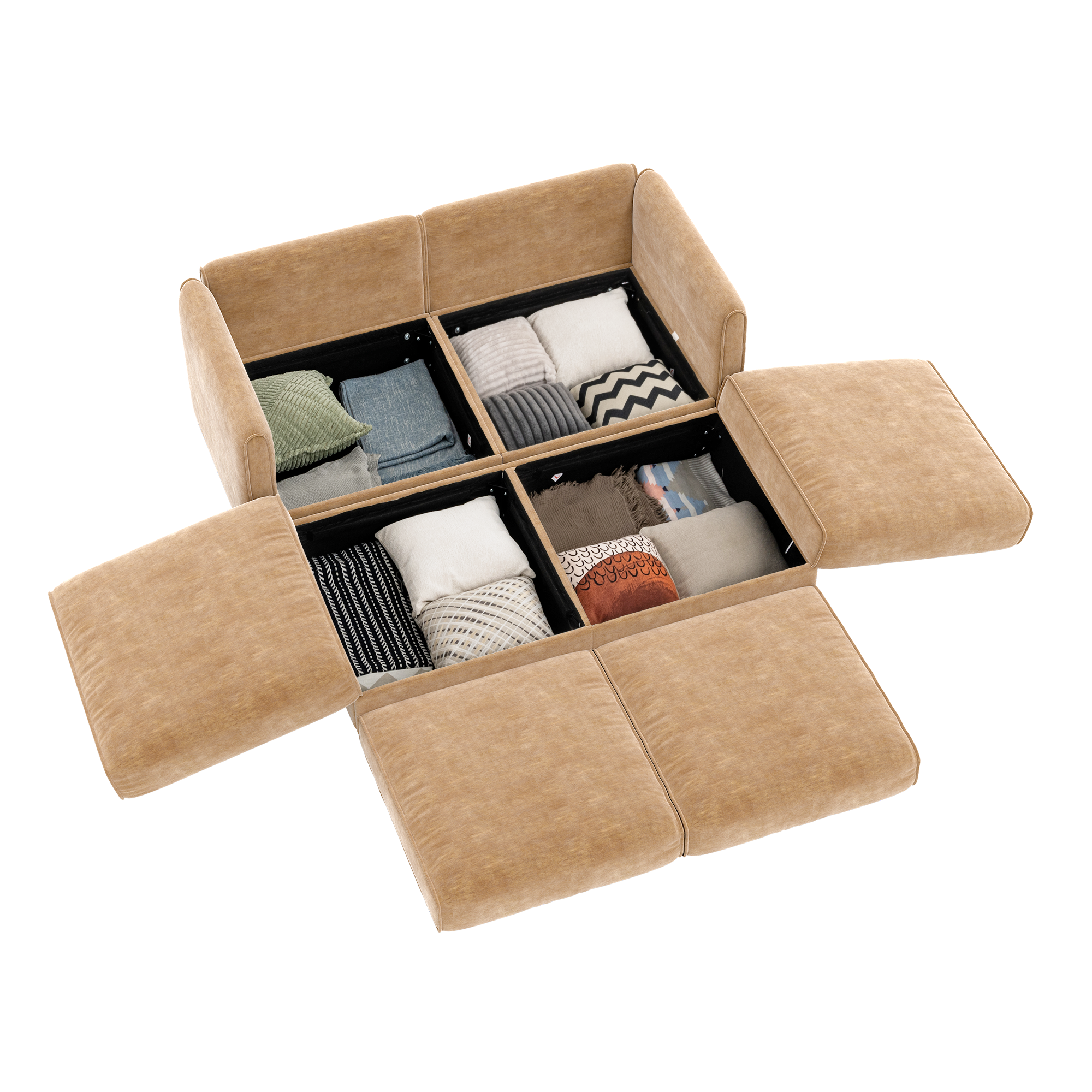 Left. Anysun - Chenille 2-Seater Loveseat with 2 Ottoman Storage - Cylindrical Backrest & Armrests, Modern Hidden Storage Design - Camel.