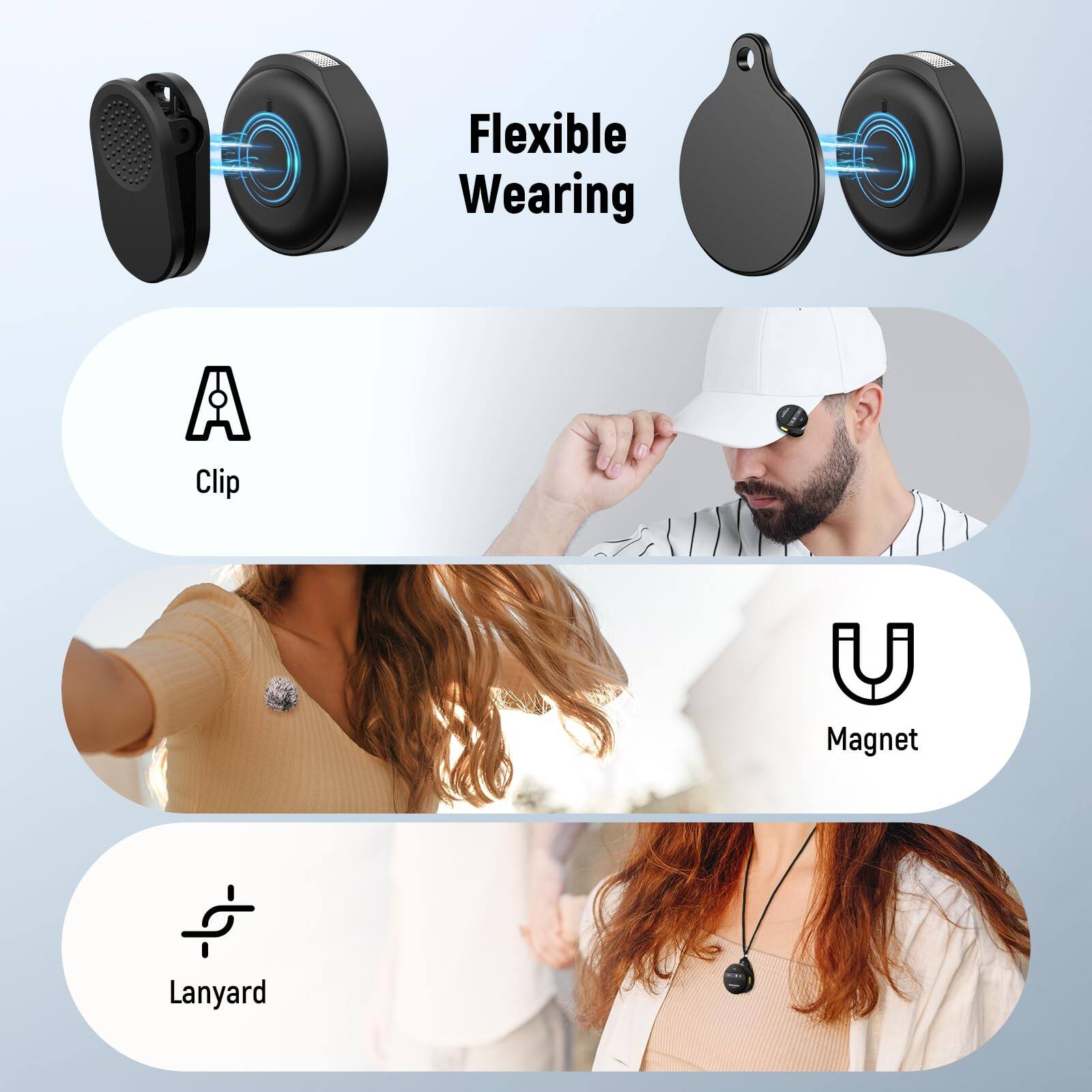 Flexible Wearing

- Clip
- Magnet
- Lanyard