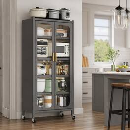 RYHNUYNE - Freestanding 65 Inch Kitchen Pantry Cabinet with Adjustable Shelves and Wheels, 6-Tier Metal Storage - Gray