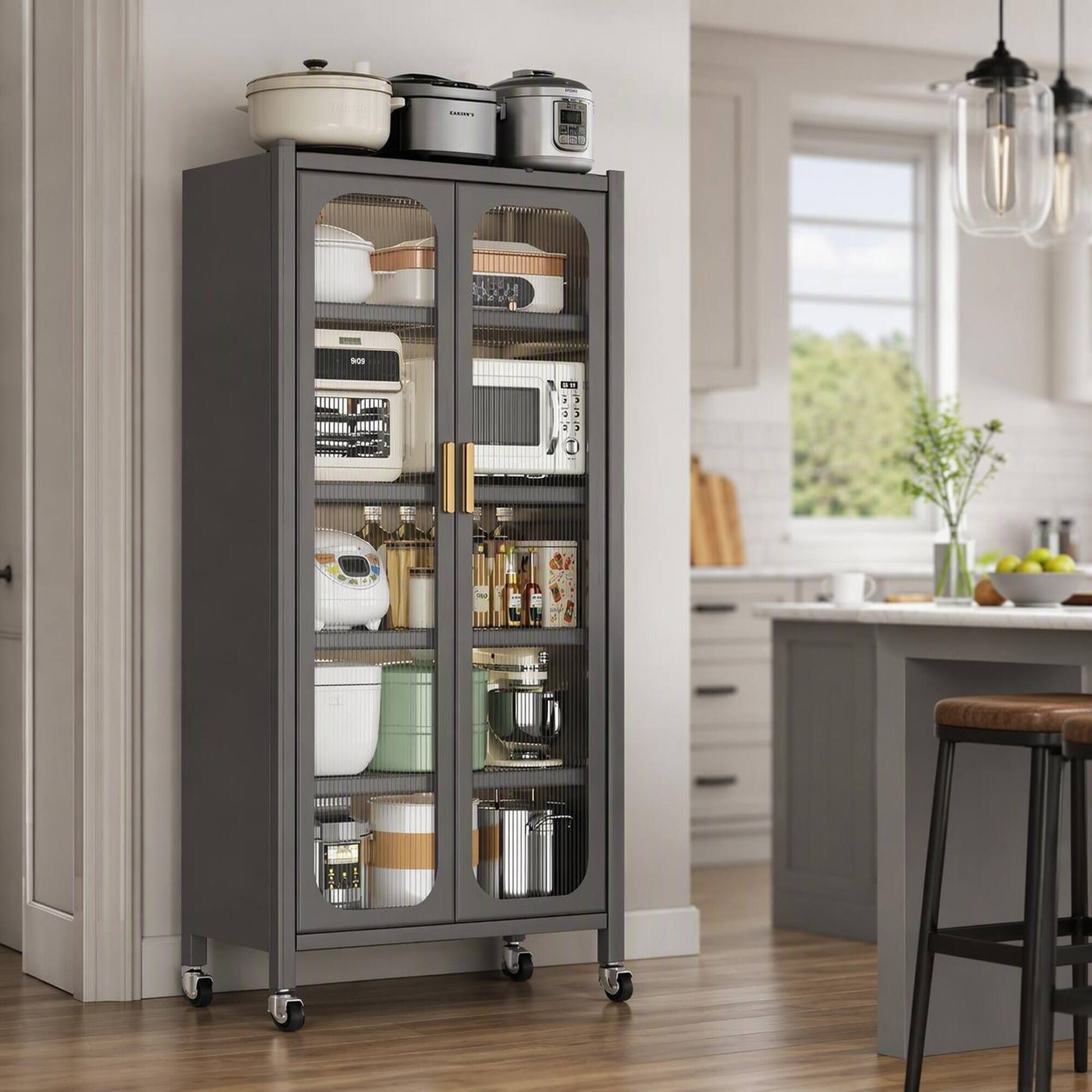 Front. RYHNUYNE - Freestanding 65 Inch Kitchen Pantry Cabinet with Adjustable Shelves and Wheels, 6-Tier Metal Storage, Gray - Gray.