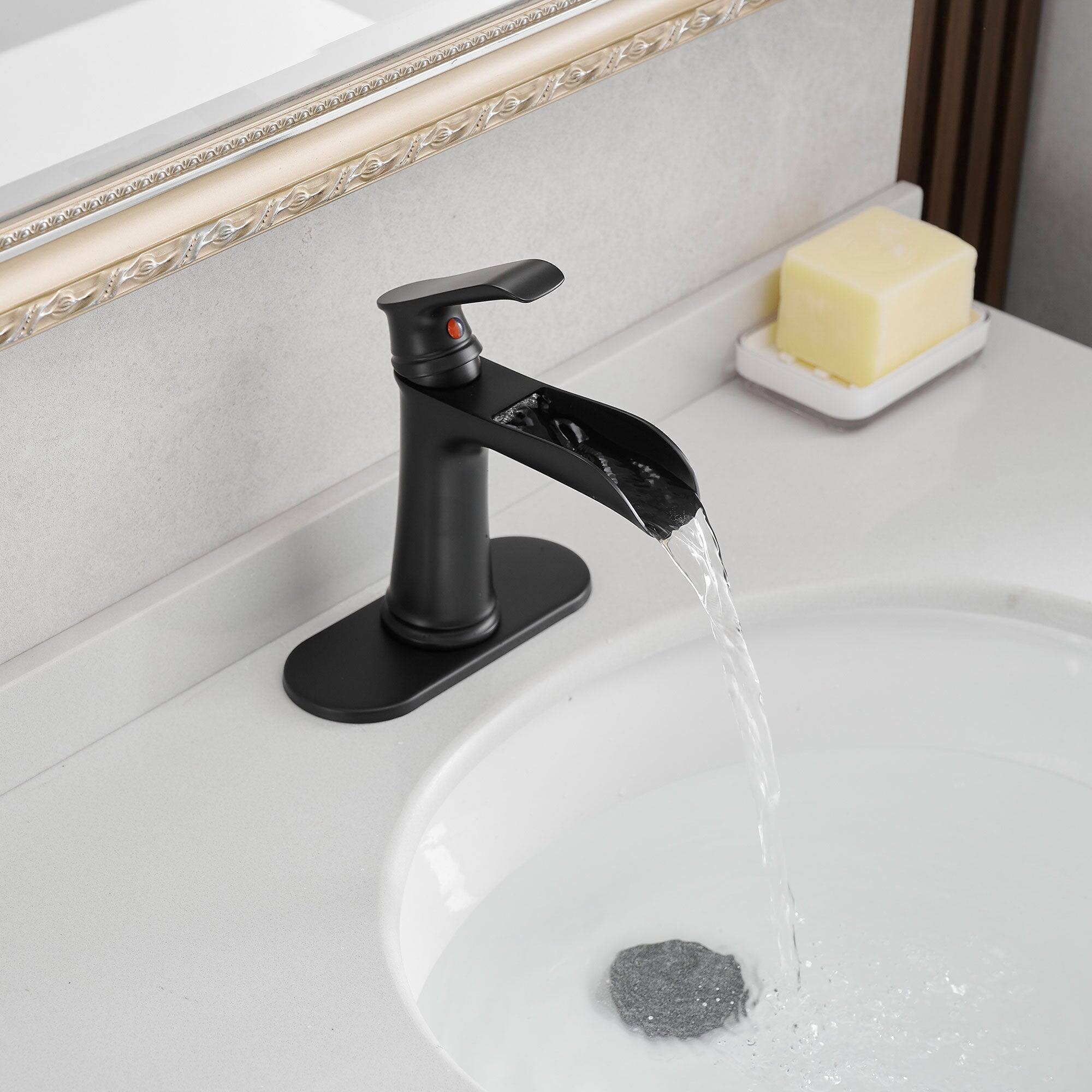 Angle. Boyel Living - Single Handle Single Hole Bathroom Faucet Matte Black with Deck Plate Pop Up Drain and Water Supply Hoses - Matte Black.