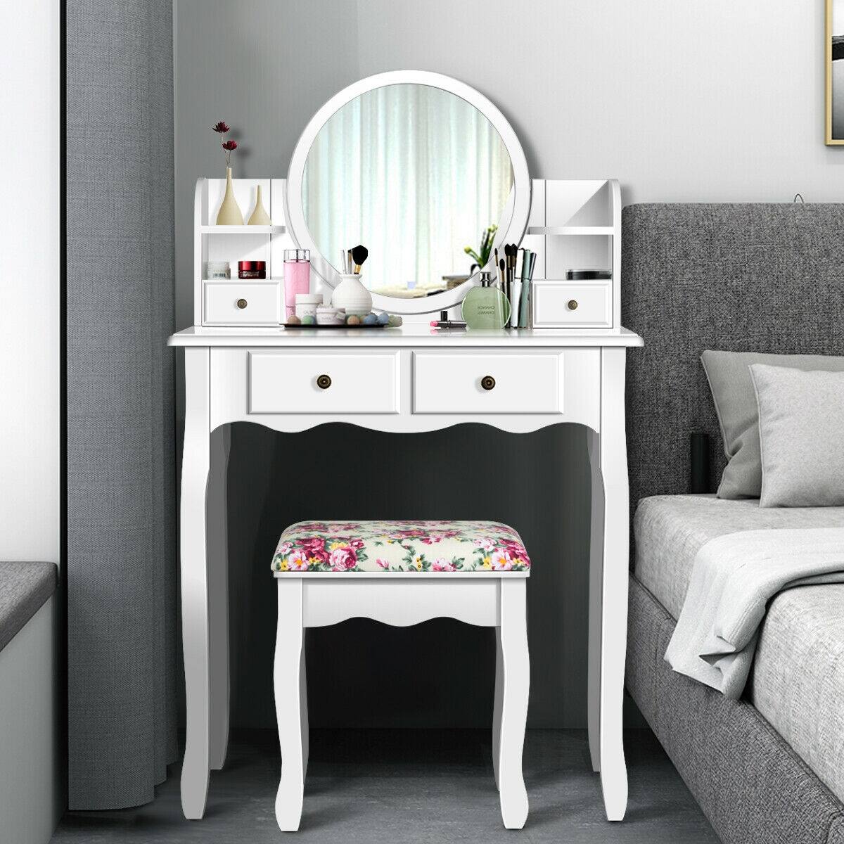 Alt View 1. Ecooso - Round Mirror Makeup Vanity Desk with Adjustable Angle and Small Space-Friendly Design - White.