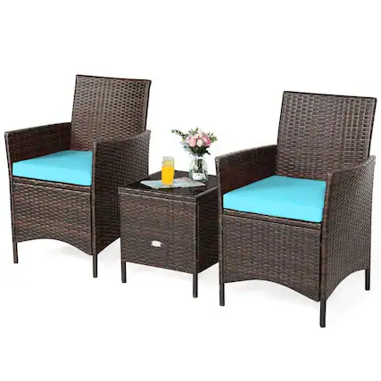 Front. Pefilos - 3 Piece Patio Conversation Set Outdoor PE Rattan Wicker Furniture Set with Coffee Table & Chair - Blue.