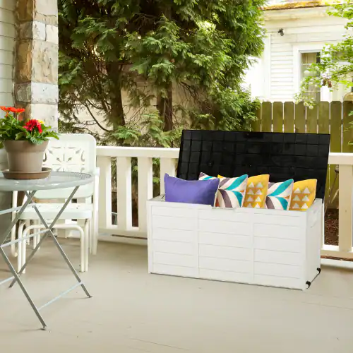 Alt View 6. Winado - 75 Gallon Portable Plastic Storage Deck Box with Lid, Store Garden Cushions Organizer Patio Cabinet for Indoor Outdoor - White Body-Black Cover.