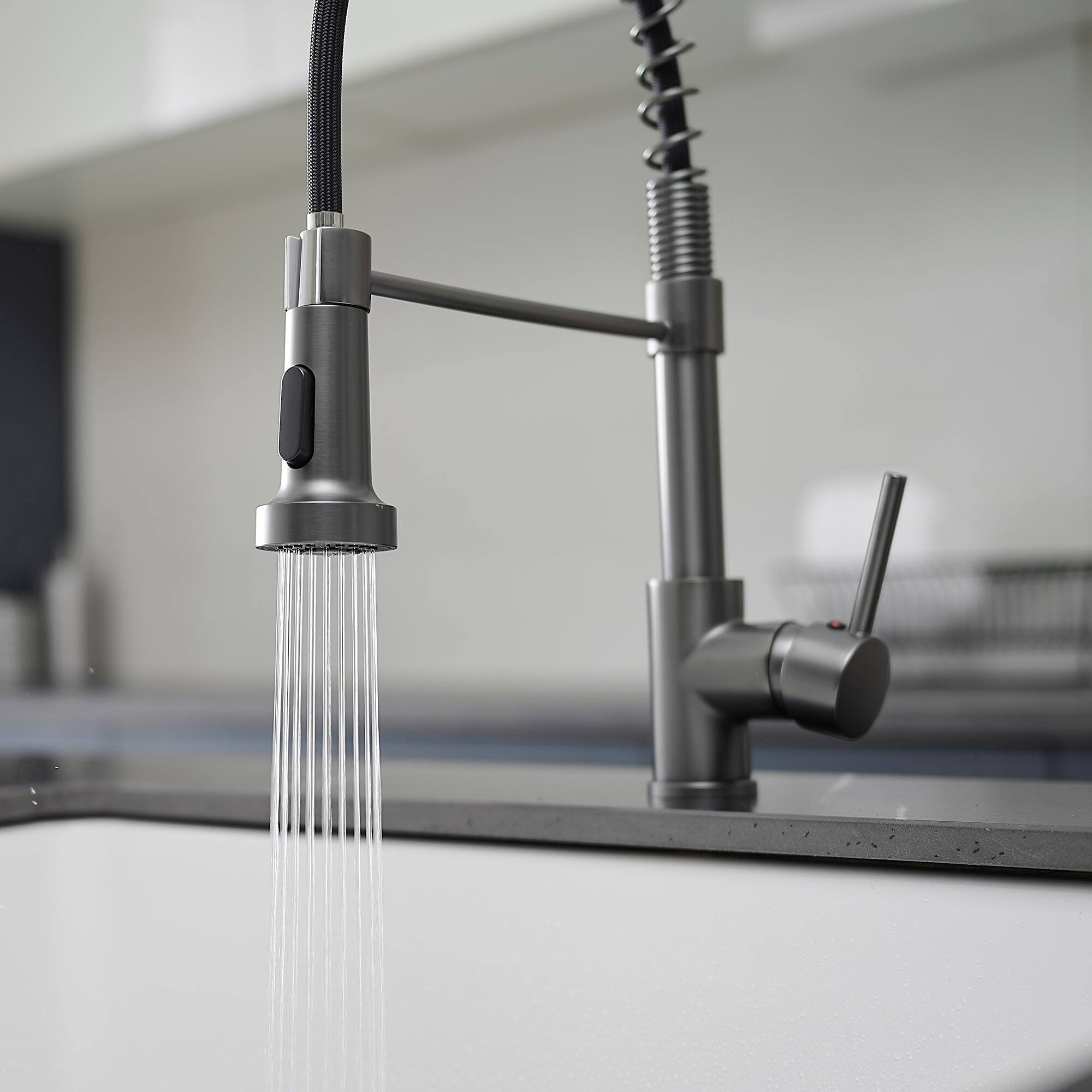 Alt View 4. Boyel Living - Matte Grey 2 Spray Patterns Single Handle Pull Down Sprayer Kitchen Faucet with Water Supply Hose - Matte Grey.