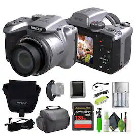 Minolta - 20 Mega Pixels 40x Optical Zoom Digital Camera, 1080p FHD Video Bundle - Silver