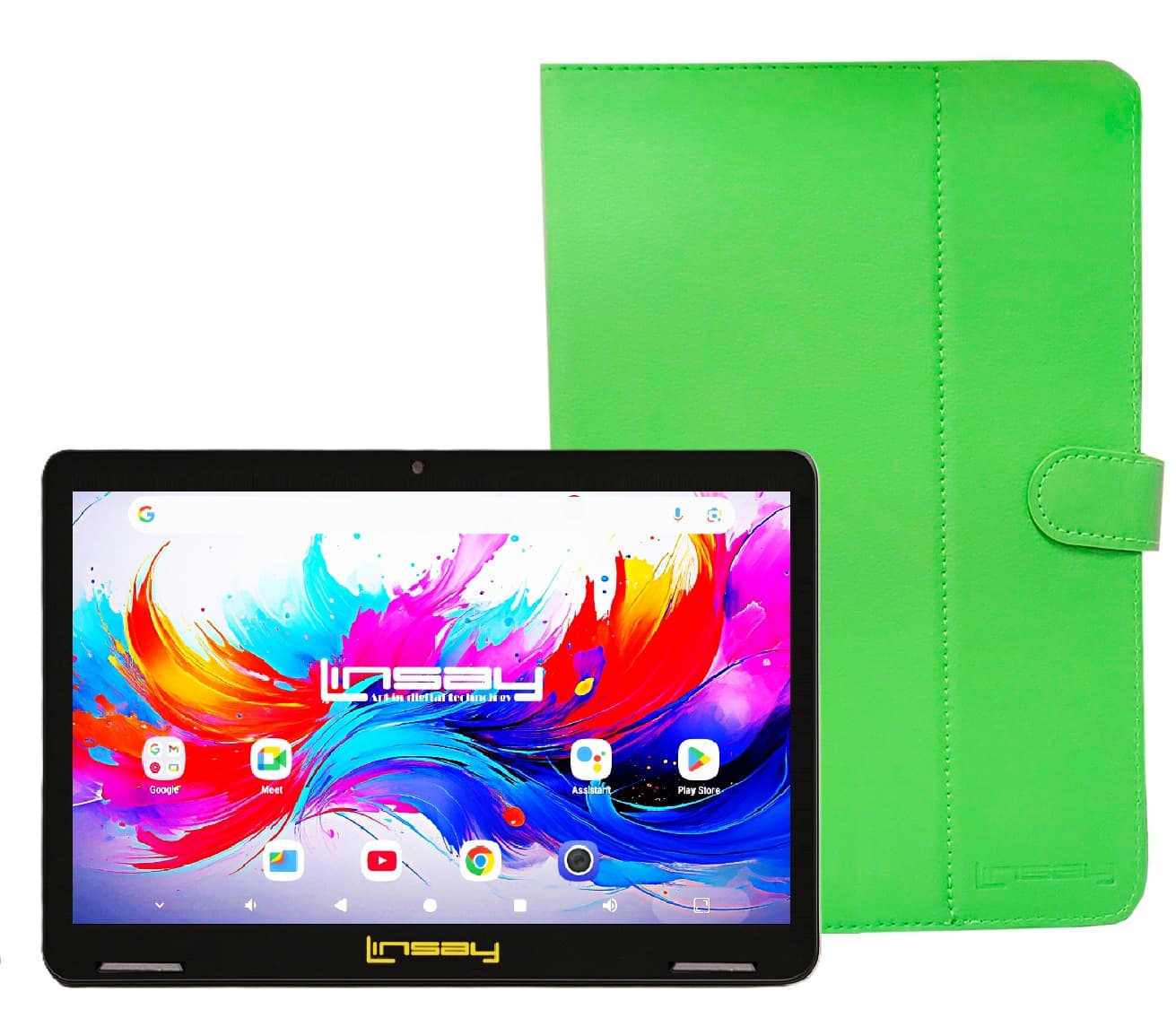 LINSAY - 10.1" Octa Core 256GB Storage Android 15 Tablet with Leather Case - Green