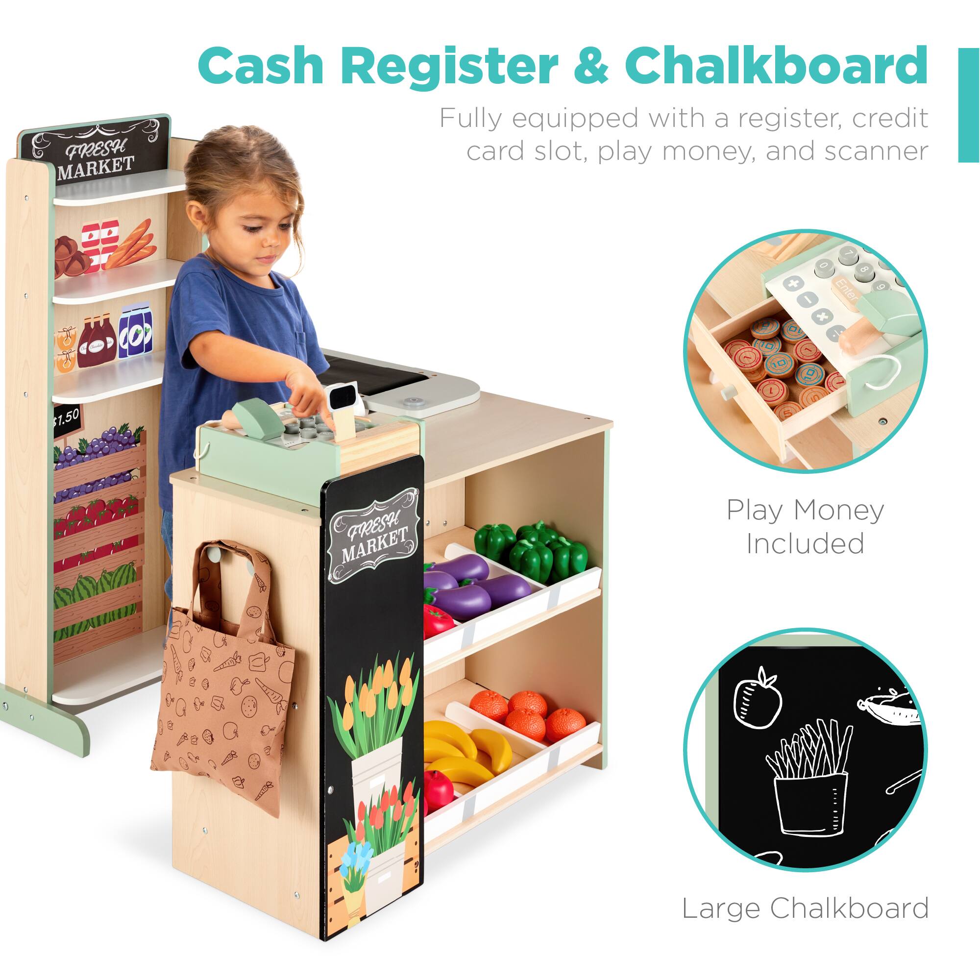 Cash Register & Chalkboard

Fully equipped with a register, credit card slot, play money, and scanner

Play Money Included

Large Chalkboard