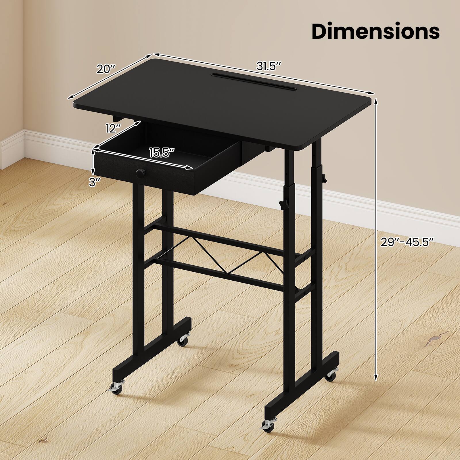Dimensions: 20" x 31.5" x 12" x 15.5" x 3" x 29"-45.5"