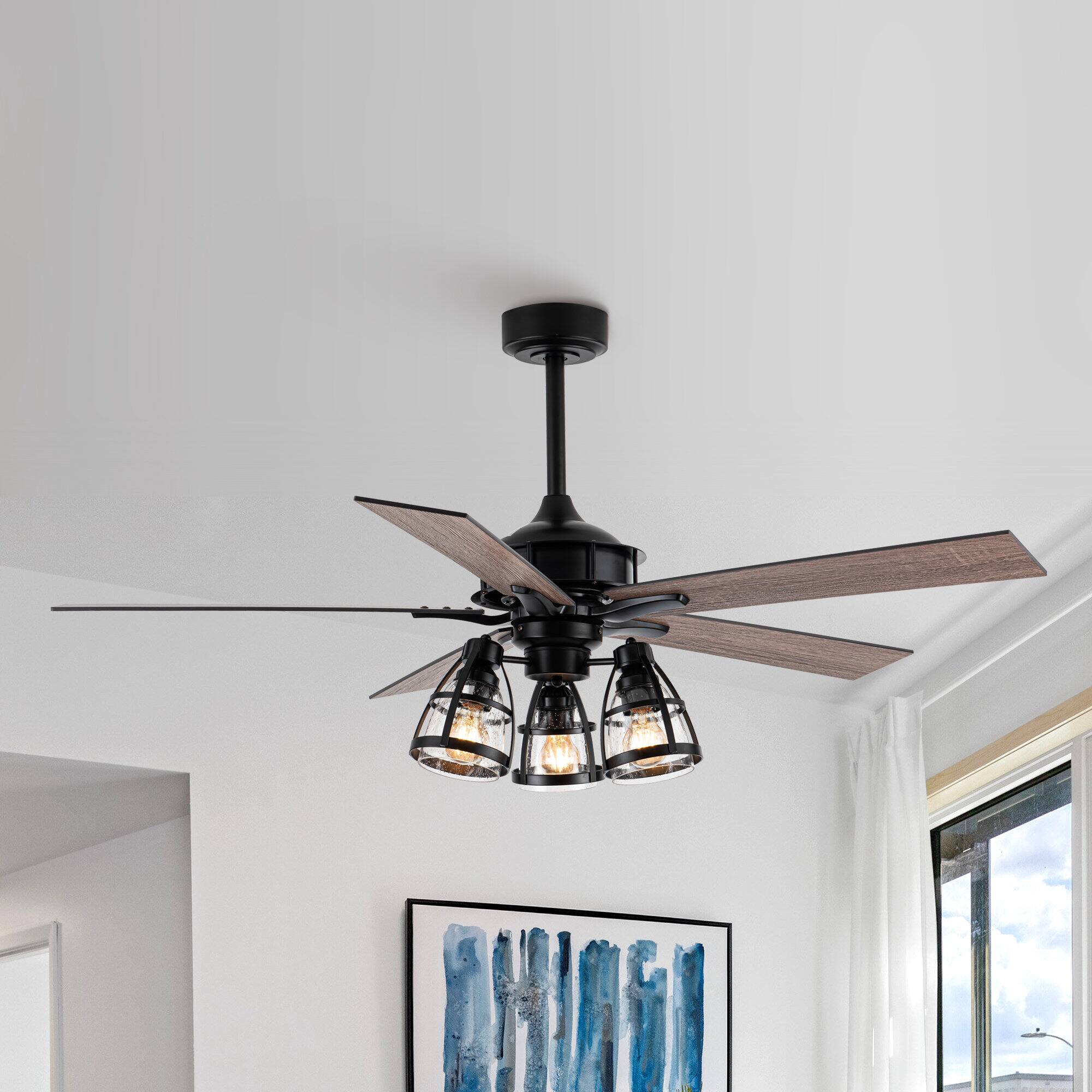 Alt View 1. Parrot Uncle - 52" Industrial Matte Black 3-Light Glass Ceiling Fan with Remote - Matte Black.