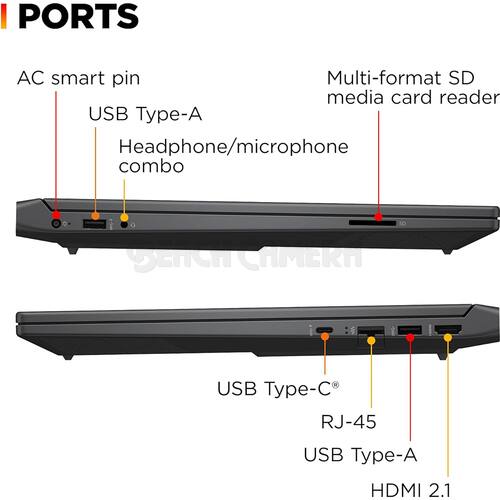 Sure, here is the corrected and grouped text:

---

**PORTS**

- AC smart pin
- USB Type-A
- Headphone/microphone combo
- Multi-format SD media card reader
- USB Type-C
- RJ-45
- USB Type-A
- HDMI 2.1

---