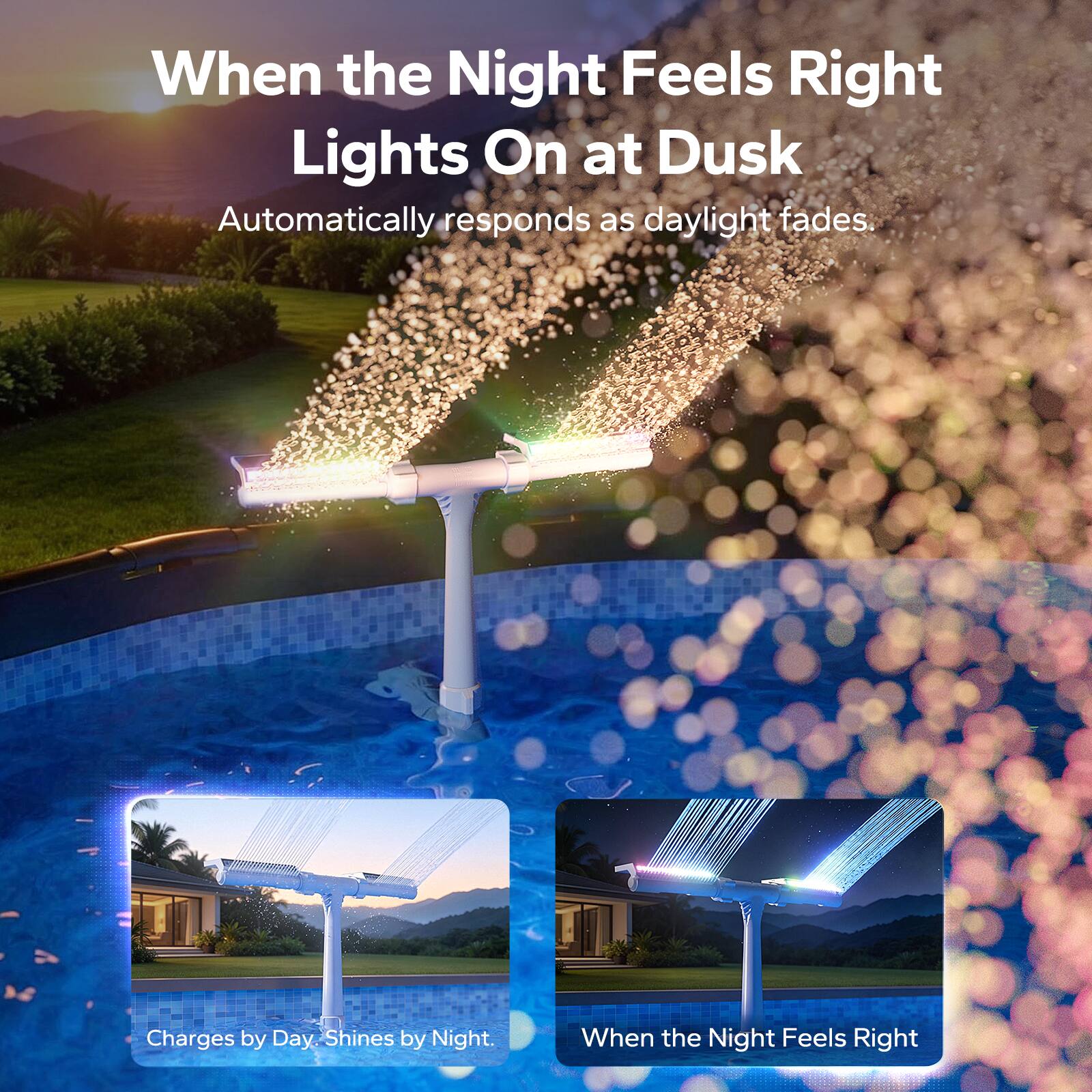 When the Night Feels Right  
Lights On at Dusk  
Automatically responds as daylight fades.  

Charges by Day  
Shines by Night.  

When the Night Feels Right