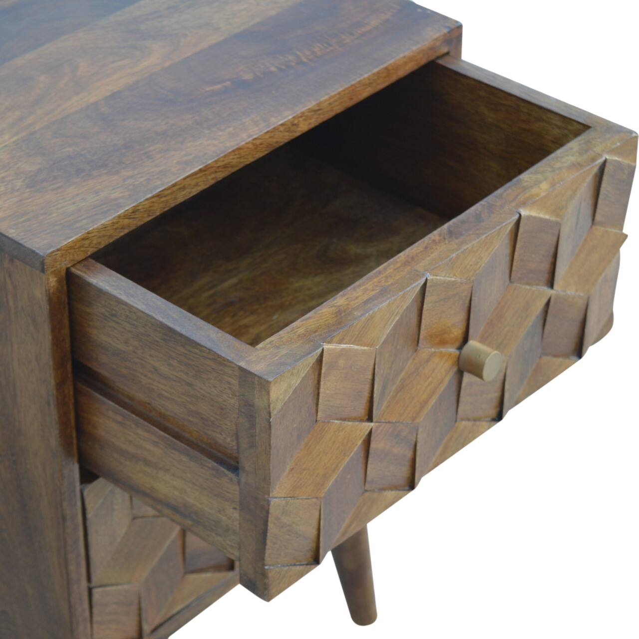 Alt View 2. Artisan Furniture - Artisan Furniture Solid Wood Chestnut Cube Carved Nightstand, 2 Drawers, Nordic Legs, Dark Brown - Chestnut.