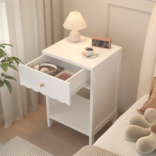Angle. LUCKY ONE - 26.8" Assembled Nightstand 1-Drawer 1-Shelf Scalloped Edge - White.