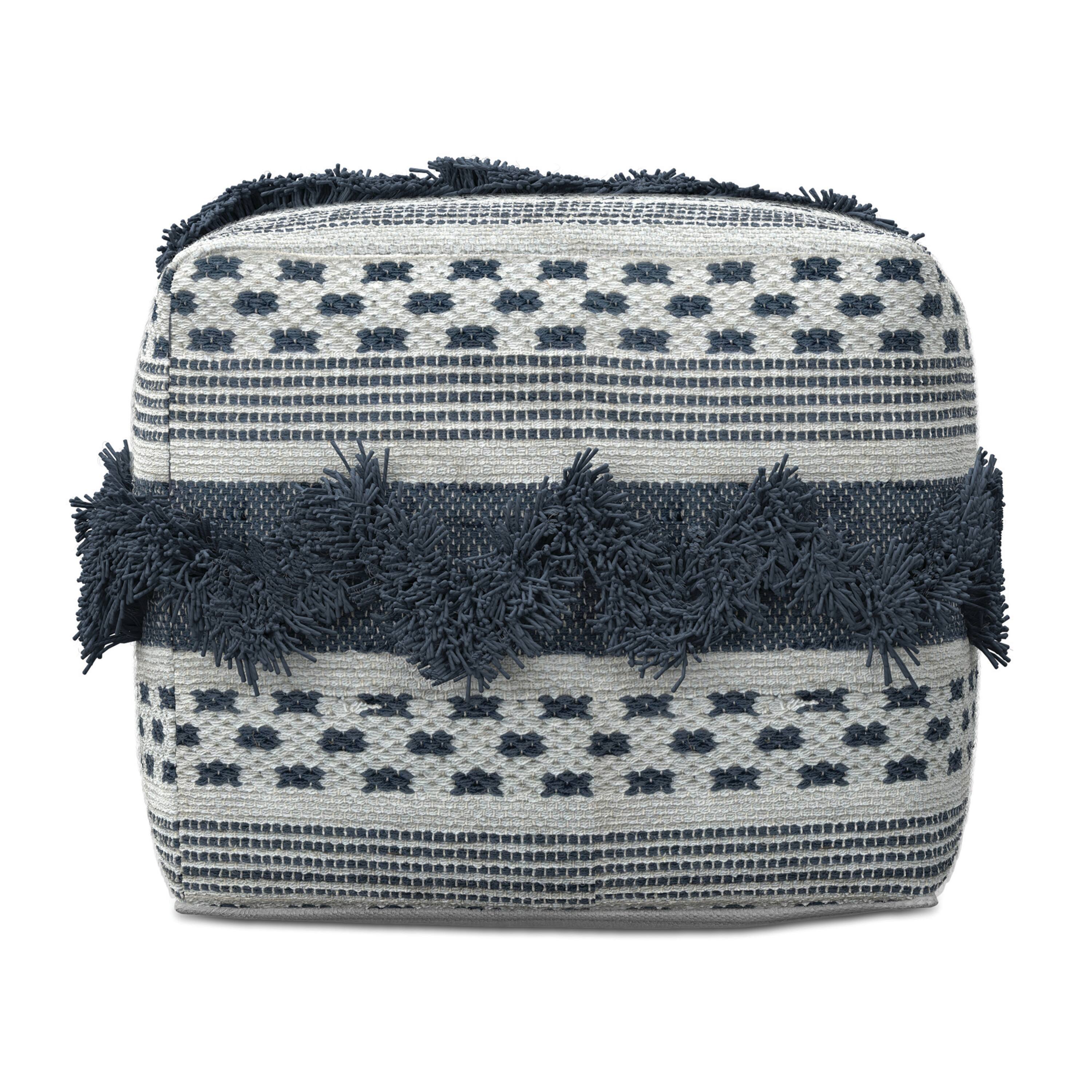 Left. Simpli Home - Bowden Hand Woven Square Cotton Pouf Ottoman in Grey and Ivory - Grey / Ivory.