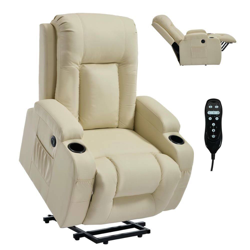 Alt View 6. Kadyn - Power Lift Recliner Chair, 8-Point Massage & Heat, 350lb Capacity, USB Port, Cup Holders, Beige - Beige.