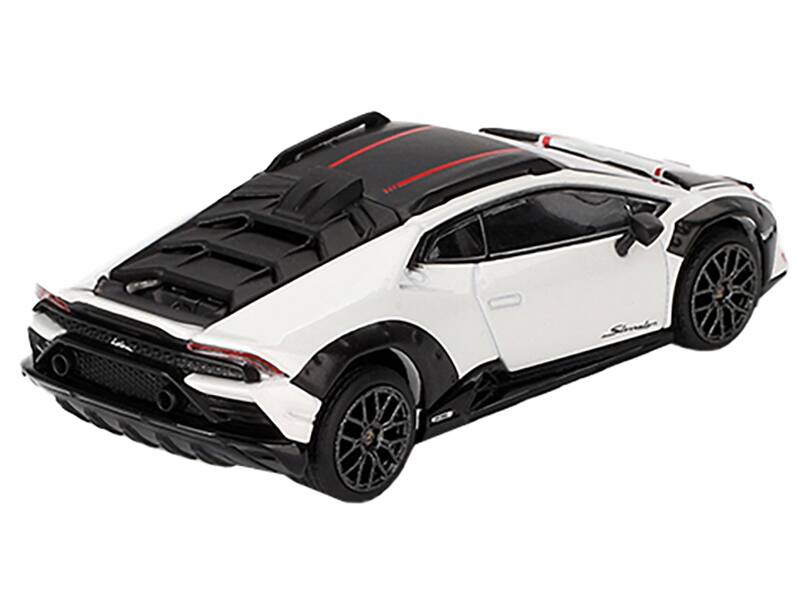 Left. Mini GT - Lamborghini Huracan Sterrato Bianco Asopo White Red Stripes Matt Black Top Limited Edition 1/64 - White, Red, Matt Black.