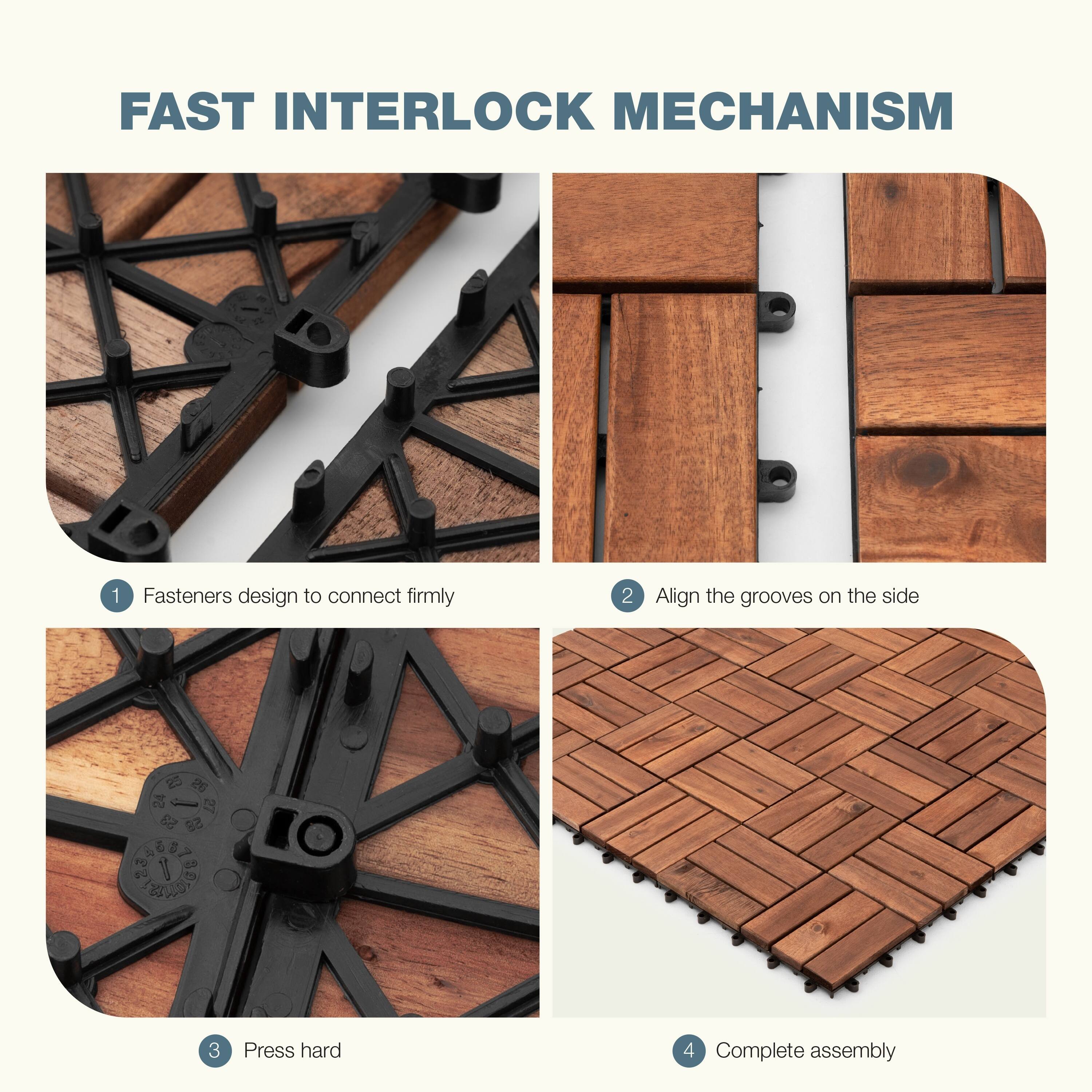 FAST INTERLOCK MECHANISM

1. Fasteners designed to connect firmly
2. Align the grooves on the side
3. Press hard
4. Complete assembly