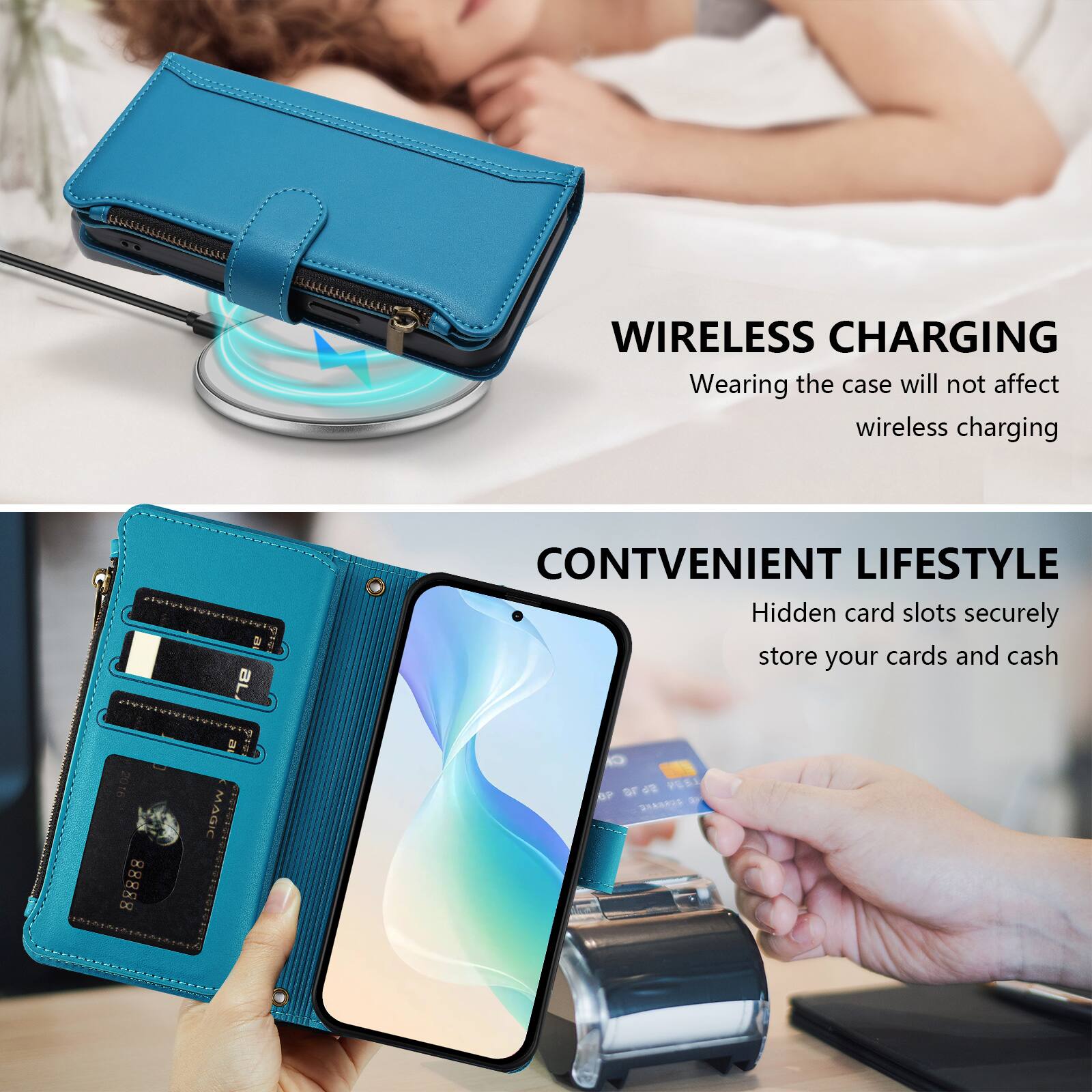 WIRELESS CHARGING  
Wearing the case will not affect wireless charging  

CONVENIENT LIFESTYLE  
Hidden card slots securely store your cards and cash