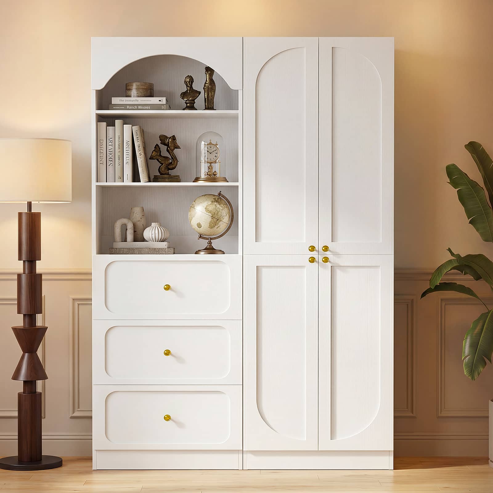 Aheaplus - 80" Arched Kitchen Pantry Sets: Wooden Cupboard, 3 Drawers, 9-Tier Shelves, Kitchen/Living Room ,Ships in 2 Packages - White