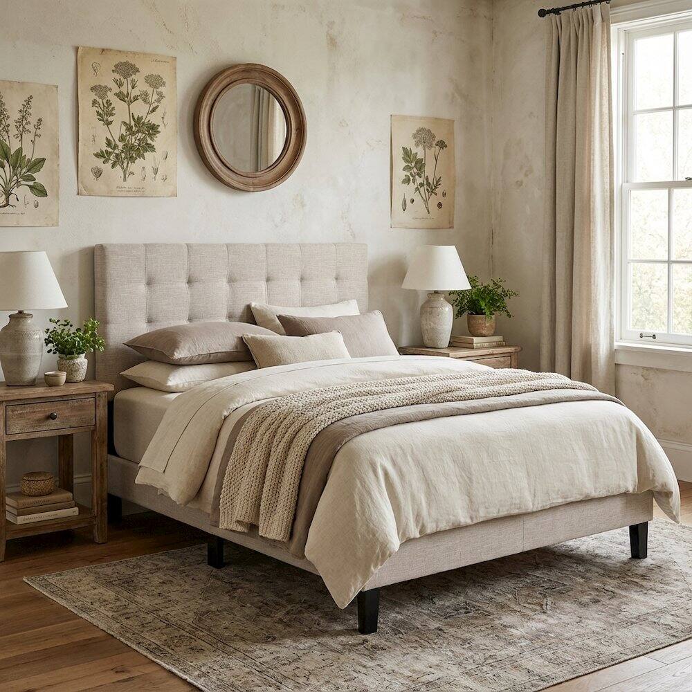 Angle. FurniFact - Tufted Upholstered Headboard in Linen Fabric, Elegant Design for King Bed - Beige.