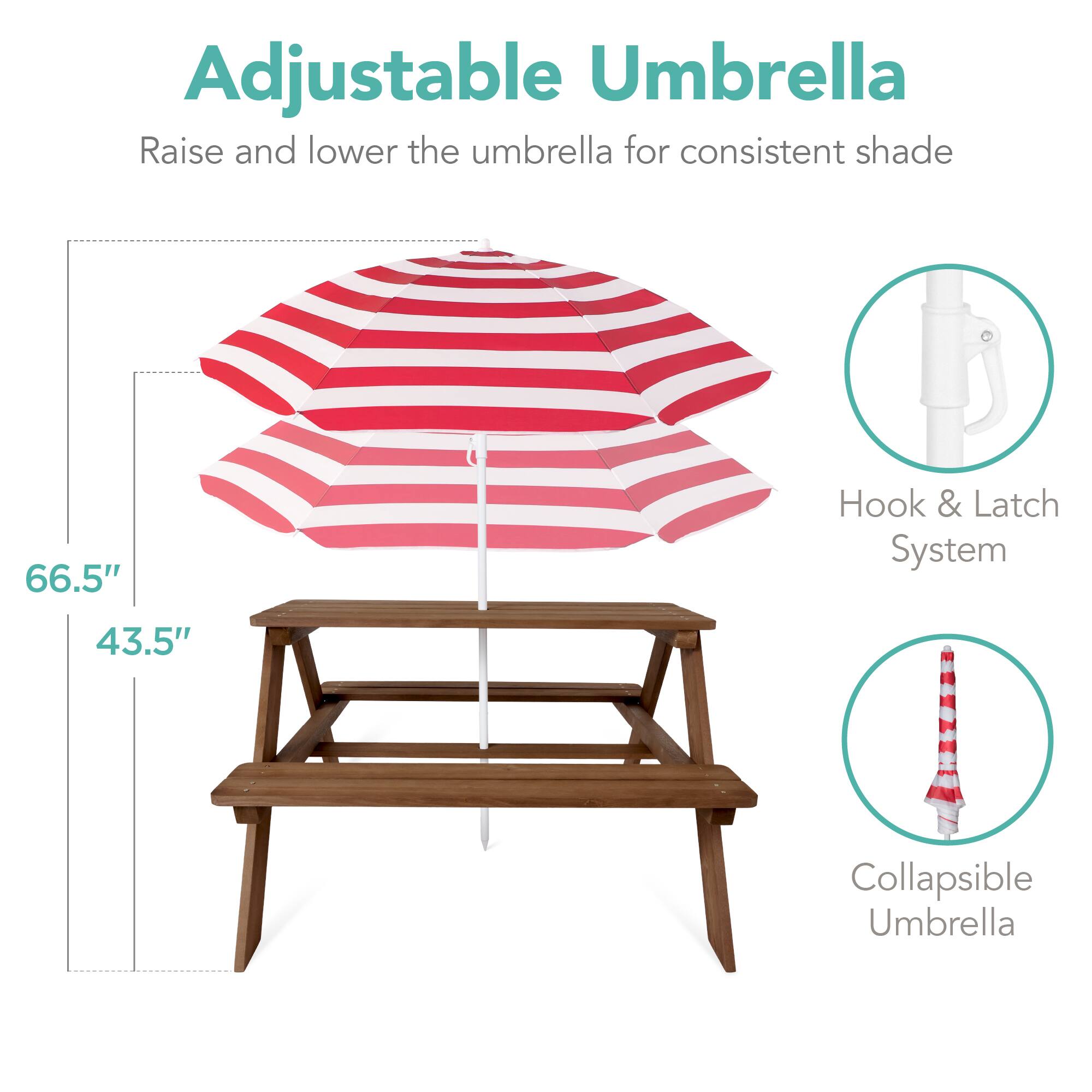 Adjustable Umbrella  
Raise and lower the umbrella for consistent shade  

66.5"  
43.5"  

Hook & Latch System  
Collapsible Umbrella