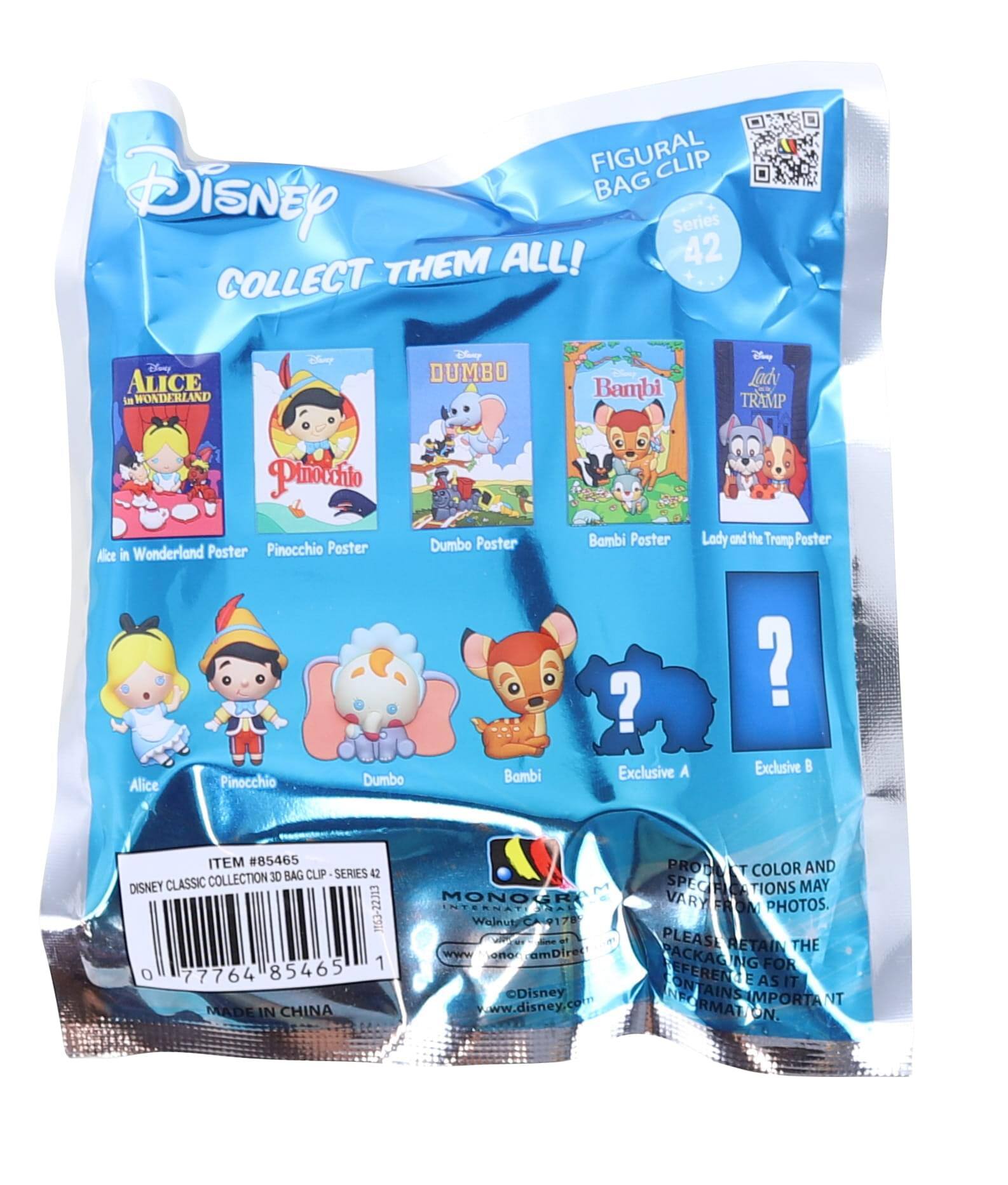 Sure, here is the corrected and grouped text from the image:

---

**Disney**

**FIGURAL BAG CLIP Series 42**

**COLLECT THEM ALL!**

- Alice in Wonderland Poster
- Pinocchio Poster
- Dumbo Poster
- Bambi Poster
- Lady and the Tramp Poster

**Exclusive A**
**Exclusive B**

**ITEM #85465**

**DISNEY CLASSIC COLLECTION 3D BAG CLIP - SERIES 42**

**0 77764 85465 1**

**MADE IN CHINA**

**BROKEN COLOR AND SPECIFICATIONS MAY VARY FROM PHOTOS. PLEASE RETAIN THE PACKAGING AS IT CONTAINS IMPORTANT INFORMATION.**

**www.disney.com**

---

**Note:** The text "BROKEN COLOR AND SPECIFICATIONS MAY VARY FROM PHOTOS." seems to be a typo and should likely read "BROKEN COLOR AND SPECIFICATIONS MAY VARY FROM PHOTOS."