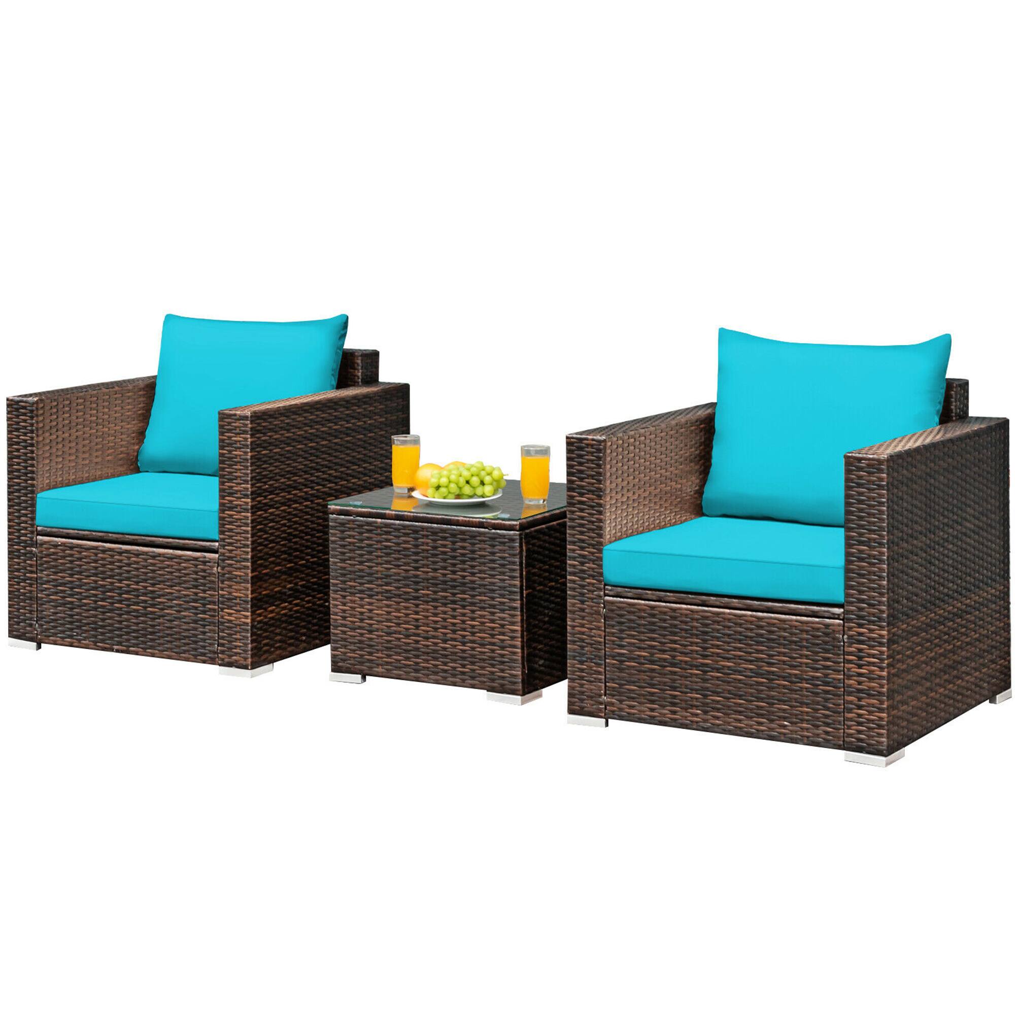 Alt View 1. Gymax - Gymax 3PCS Rattan Patio Outdoor Conversation Furniture Set w/ Turquoise Cushions - Turquoise.