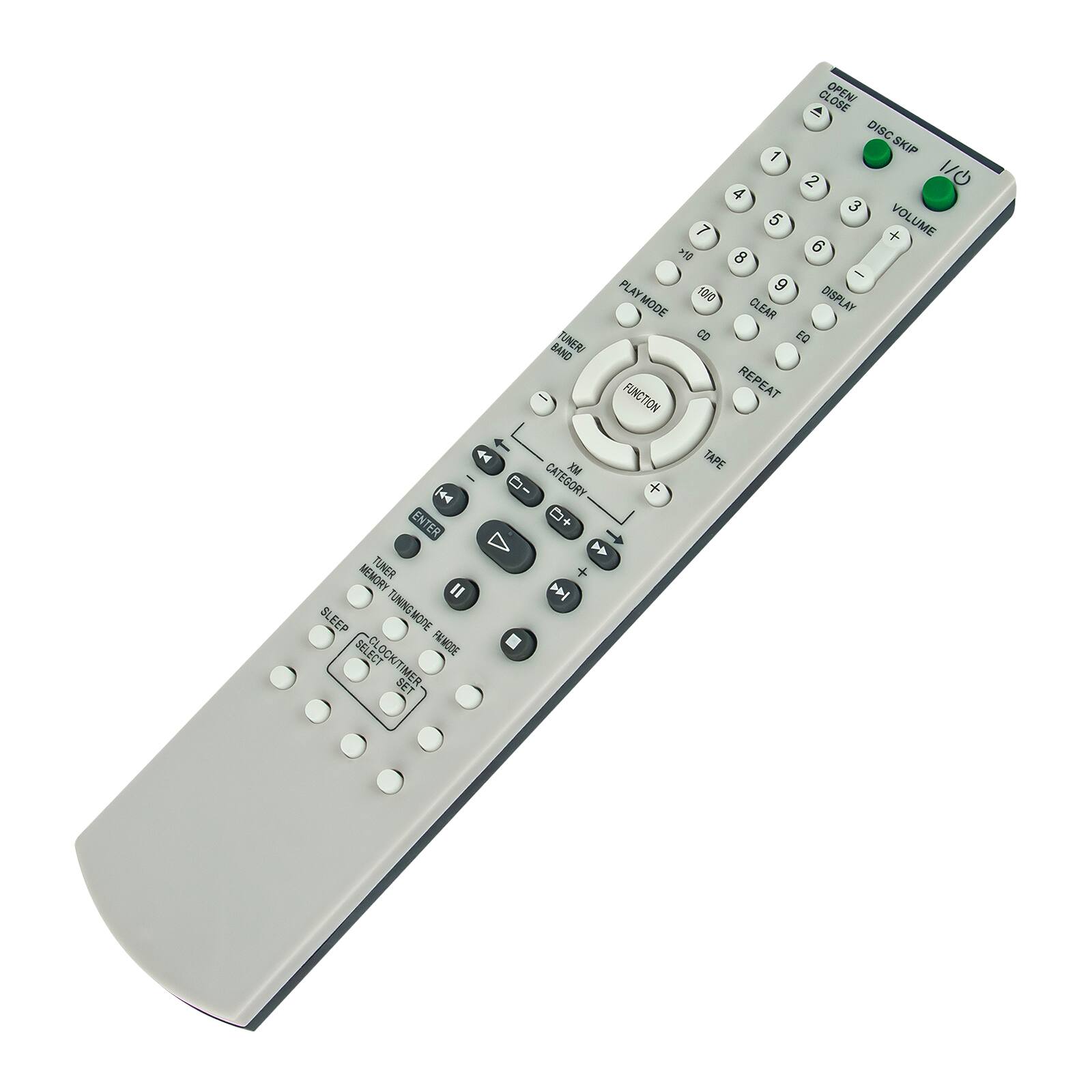 BAND TUNER AA CATEGORY XW O ENTER + MEMORY TUNER II SLEEP TUNING MODE SELECT CLOCK/TIMER SET CLOSE OPEN DISC SKIP 1 4 2 3 7 5 6 + VOLUME >10 8 - PLAY 9 MODE 10/0 DISPLAY CLEAR CD EQ FUNCTION REPEAT TAPE +