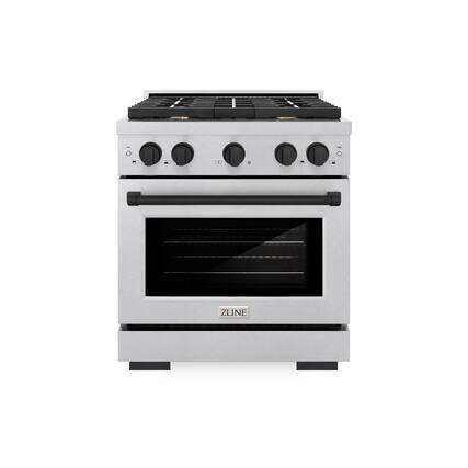 Front. ZLINE - 30 in. Wide 4 Burner 4.2 cu. ft. Autograph Paramount Dual Fuel Freestanding Satin Steel Range with Black Accents - Stainless Steel.