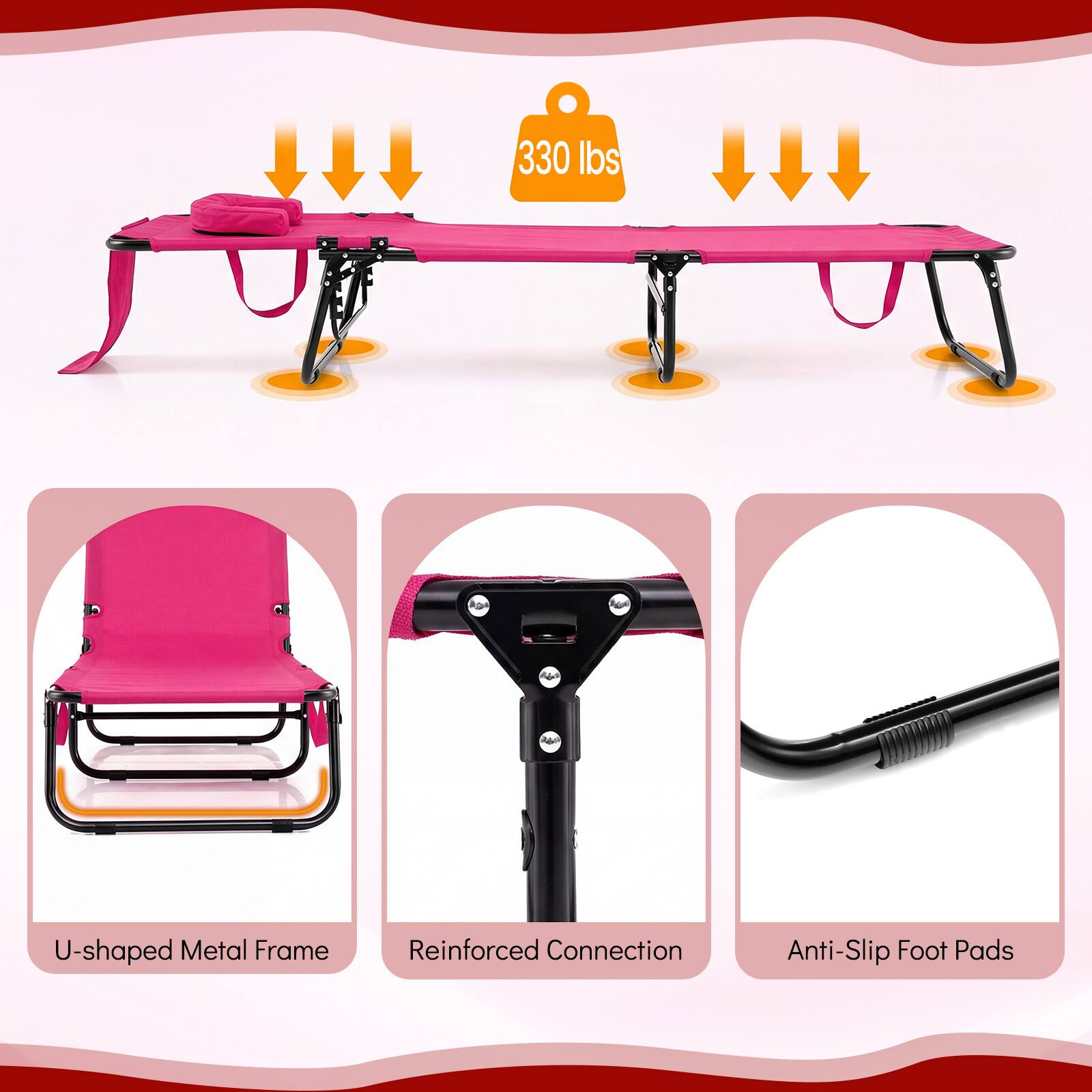 330 lbs  
U-shaped Metal Frame  
Reinforced Connection  
Anti-Slip Foot Pads