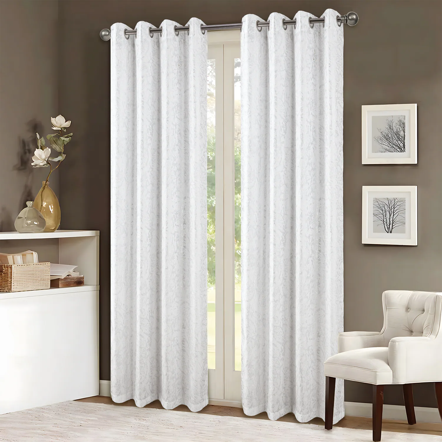 Angle. RT Designers Collection - RT Designers Collection Brighton Foil Jacquard Polyester Window Curtain Grommet Panel 52" x 84" White/Silver - White/Silver.