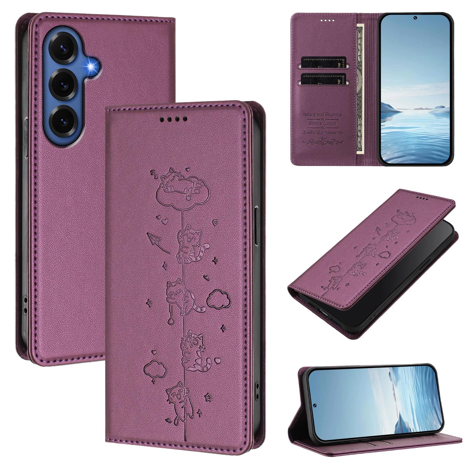 Dteck - for Samsung Galaxy S26+/S26 Plus Slim Case,Cute Cat Embossed PU Leather RFID Blocking Wallet Flip Card Holder Cover - Darkpurple