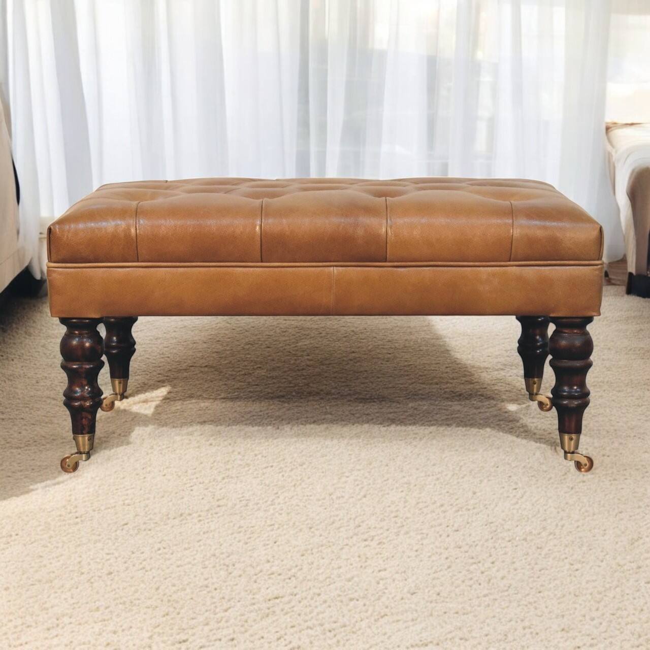 Angle. Artisan Furniture - Artisan Furniture Solid Wood California Walnut Buffalo Brown Leather Ottoman with Castor Legs, Upholstered, Brown Color - Brown.
