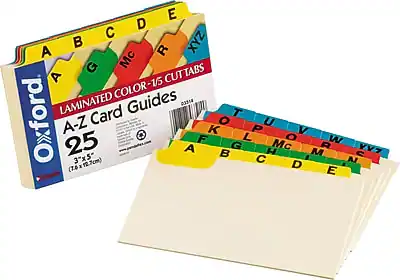 Oxford
LAMINATED COLOR-1/5 CUT TABS
A-Z Card Guides
25
3"x5" (7.6x12.7cm)
A B C D E F G H I J K L M N O P Q R S T U V W X Y Z
Mc
03314
