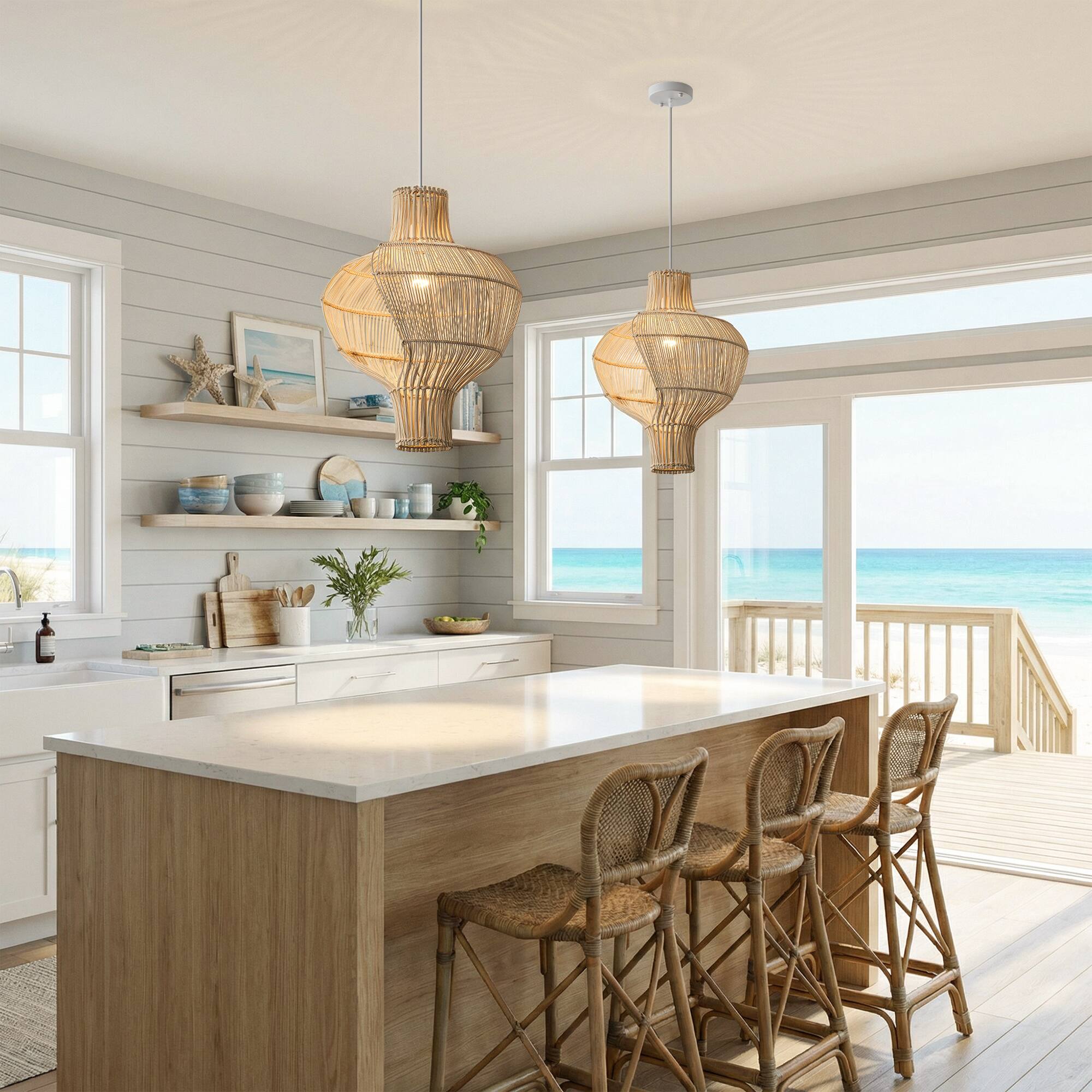 Alt View 1. Vaczon - Bohemian Rattan Gourd Pendant Chandelier – Fixed Hanging Line Ceiling Light for Home Decor and Ambient Lighting - Light Beige.