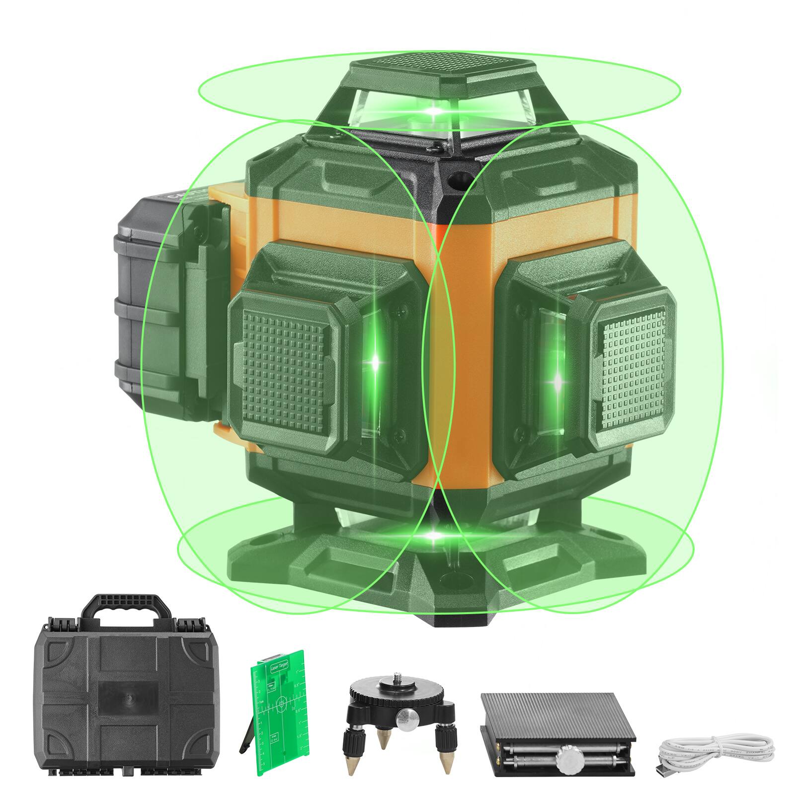 VEVOR - Laser Level, 100ft, Self Leveling Manual Green 4 x 360° Cross 16 Line Laser, IP54 Waterproof Manual Self-leveling Mode - Orange;Black