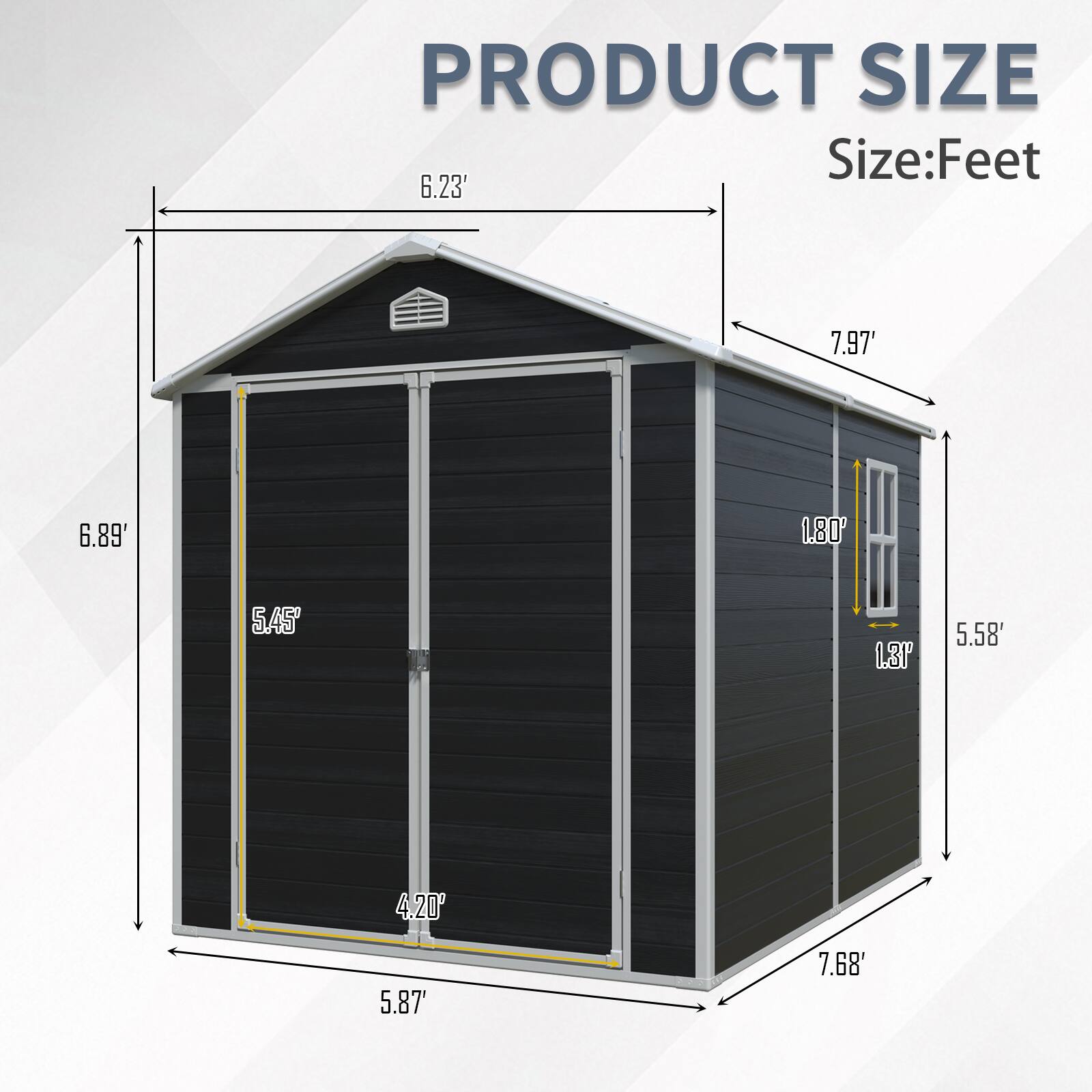 PRODUCT SIZE  
Size: Feet  
6.23'  
7.97'  
6.89'  
1.80'  
5.45'  
1.31'  
5.58'  
4.20'  
5.87'  
7.68'