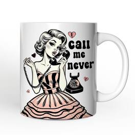 OrnamentallyYou - Retro Anti-Valentine Pinup Girl Mug, Call Me Never Funny Gift - White