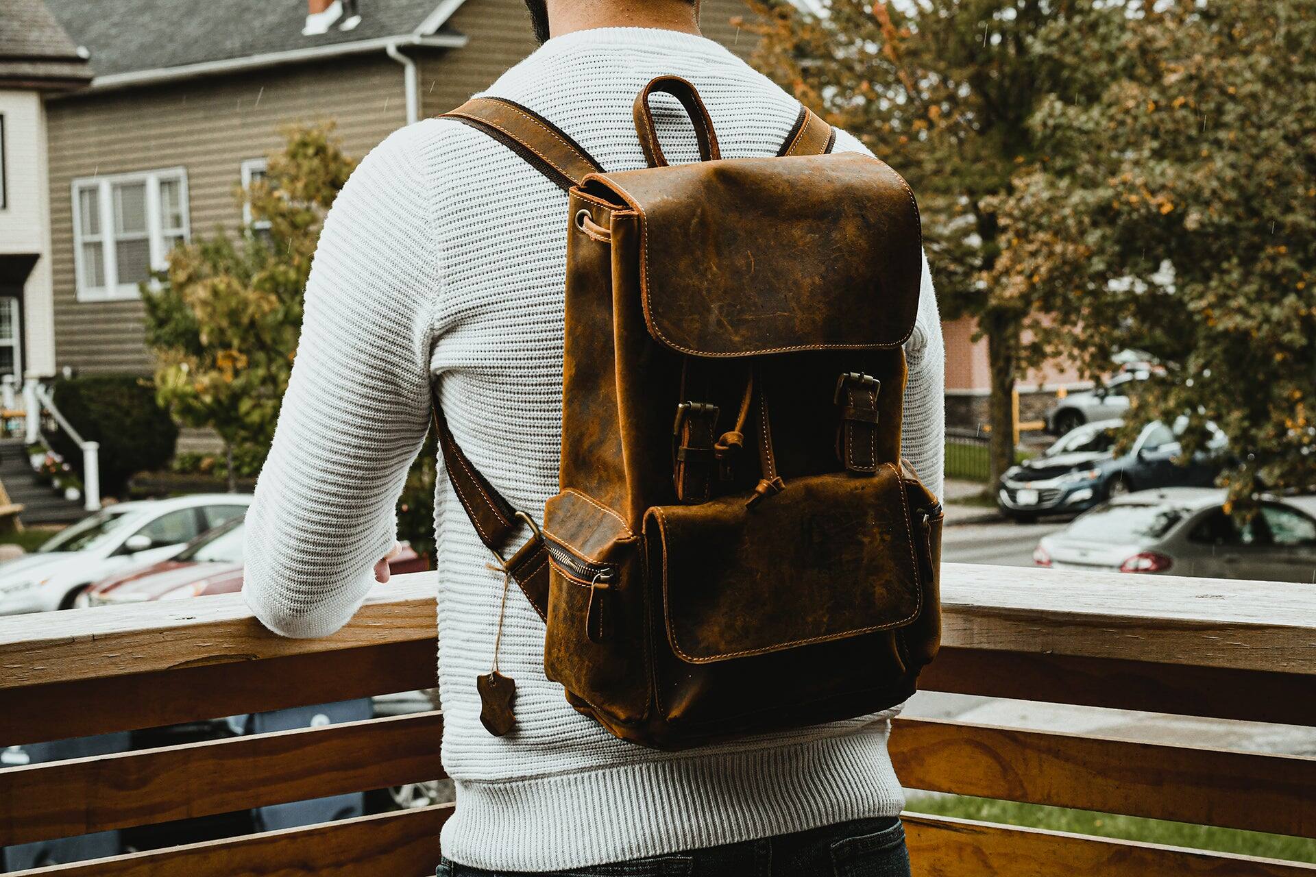Left. Steel Horse Leather - The Hagen Backpack | Vintage Leather Backpack - Dark Brown.